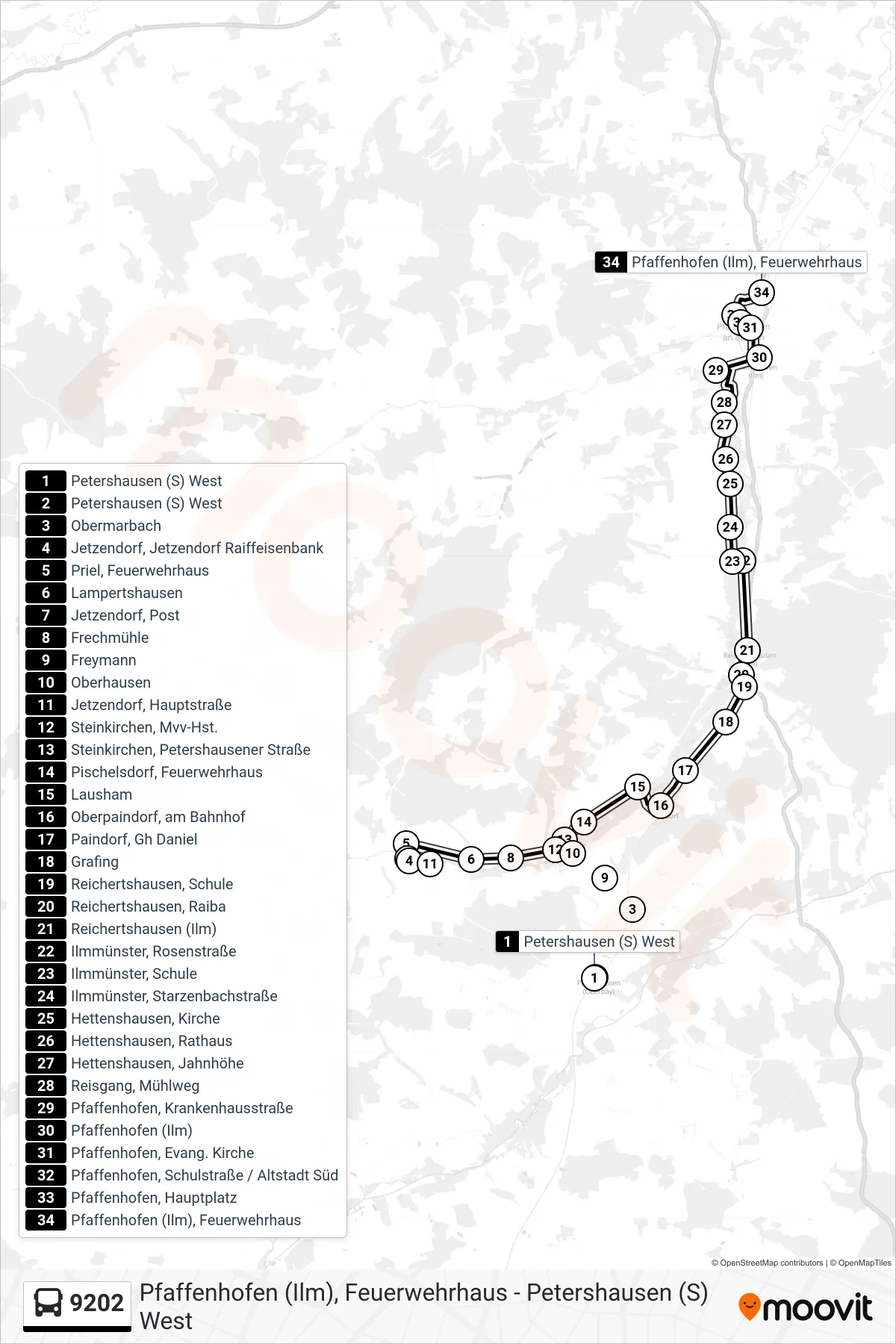 Linie 9202 (Bus) Richtung Pfaffenhofen: Route und Haltestellen auf der Karte