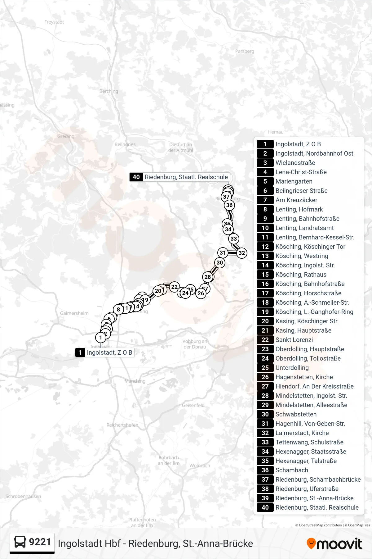 9221 bus Line (Riedenburg Ü. Mindelstetten) route and stops on a map