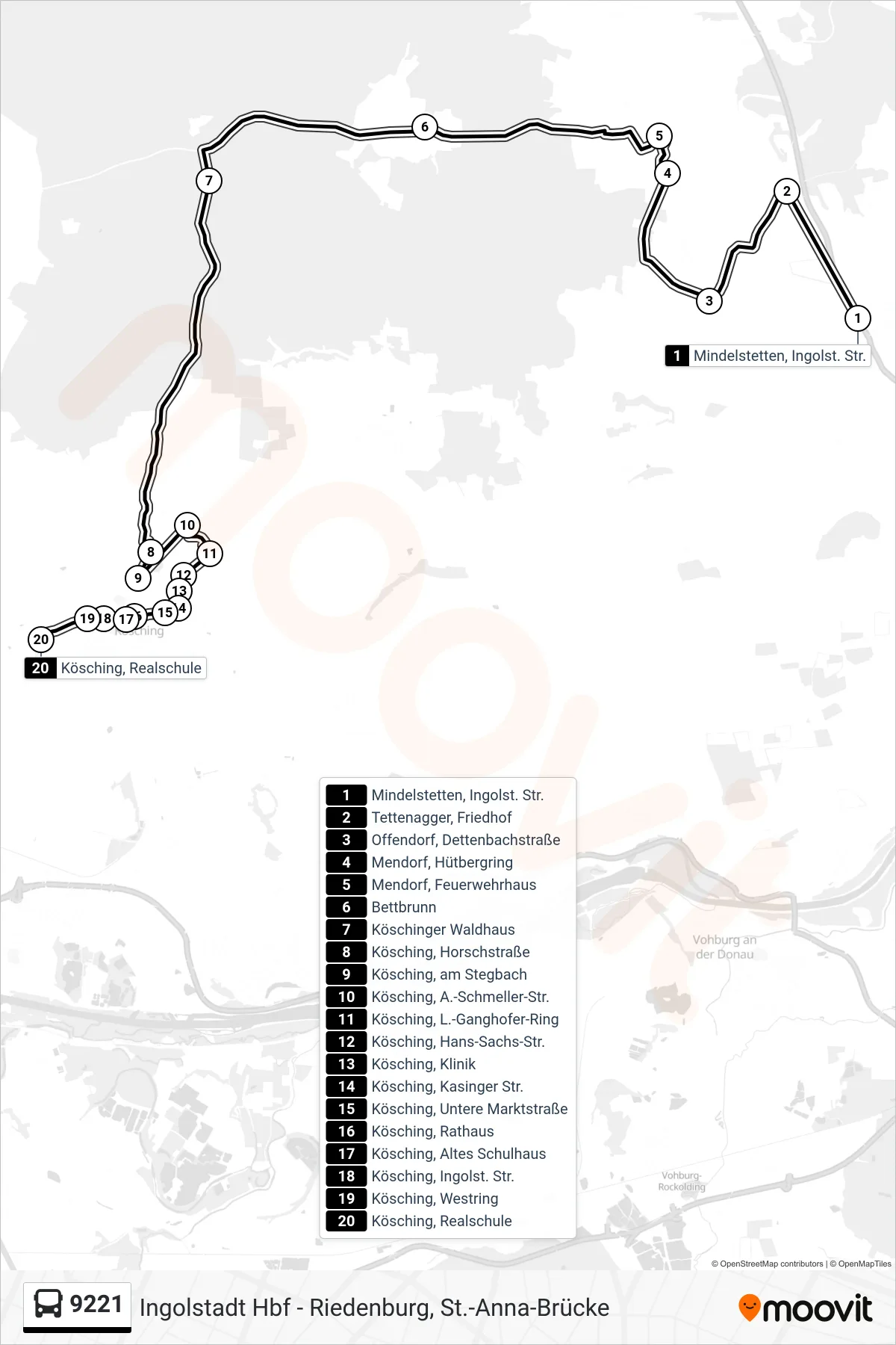 9221 bus Line (Kösching) route and stops on a map
