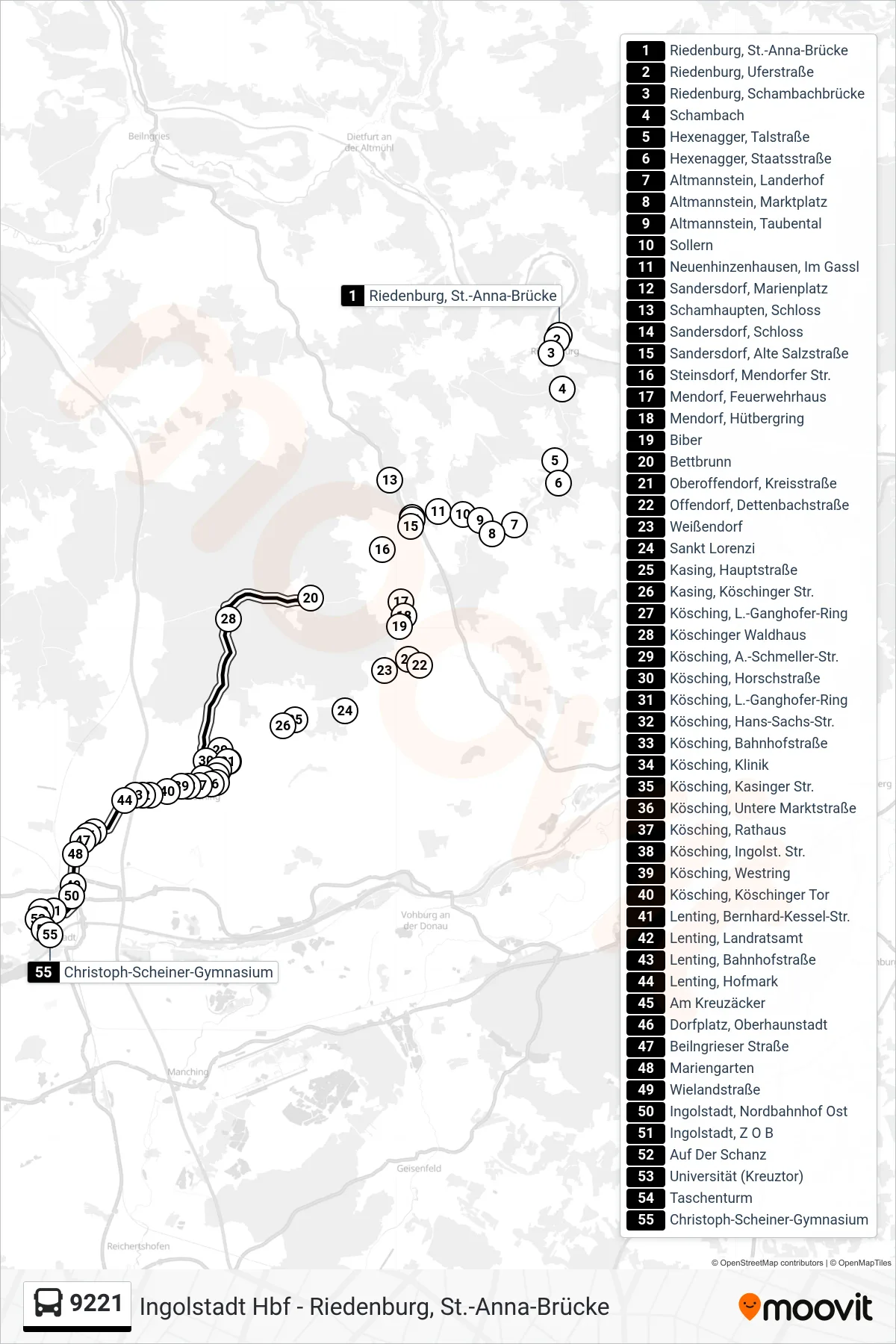 9221 bus Line (Ingolstadt C.-Scheiner-Gym.) route and stops on a map