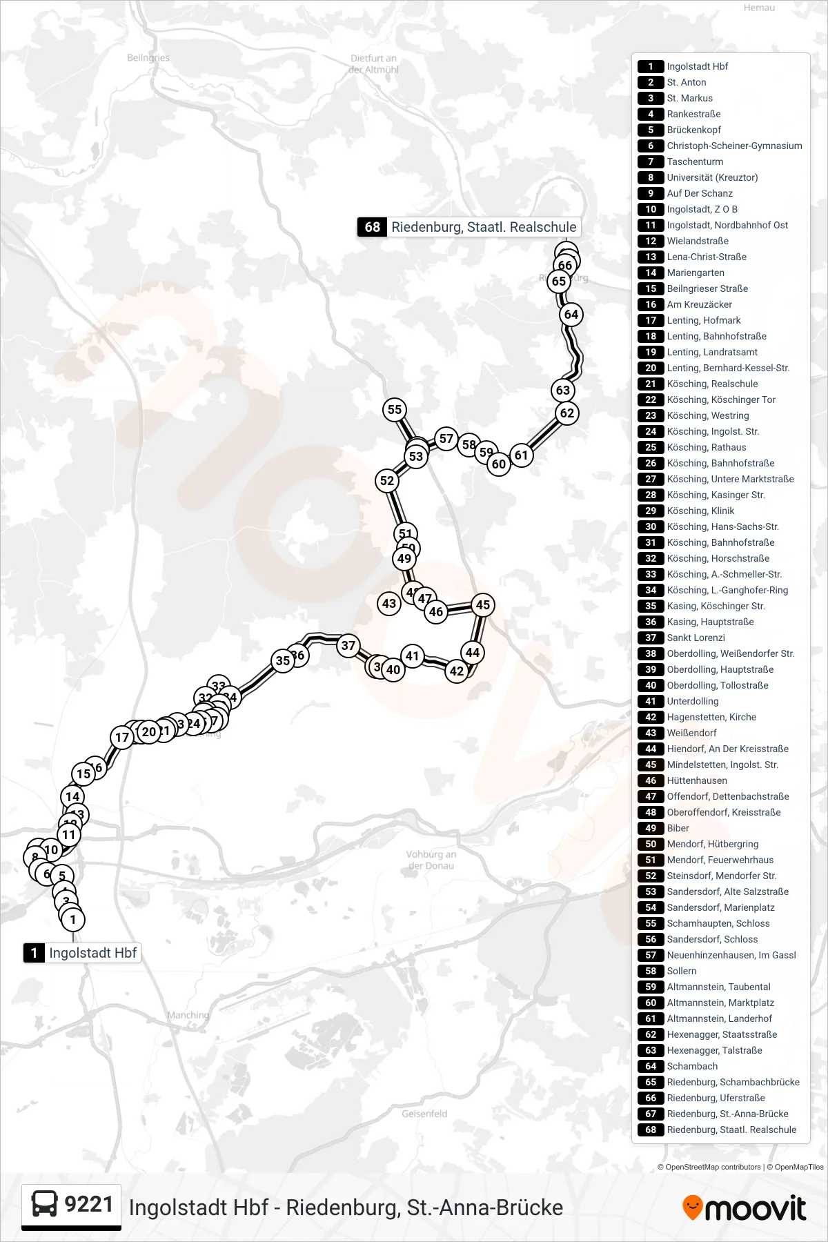 Linie 9221 (Bus) Richtung Riedenburg Ü. Altmannstein: Route und Haltestellen auf der Karte