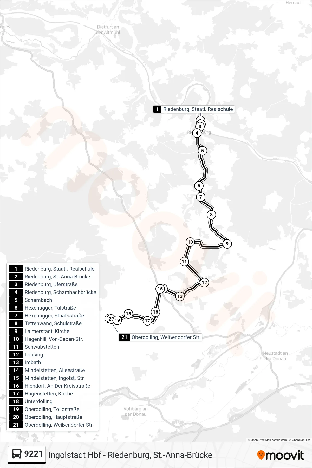 9221 bus Line (Oberdolling) route and stops on a map