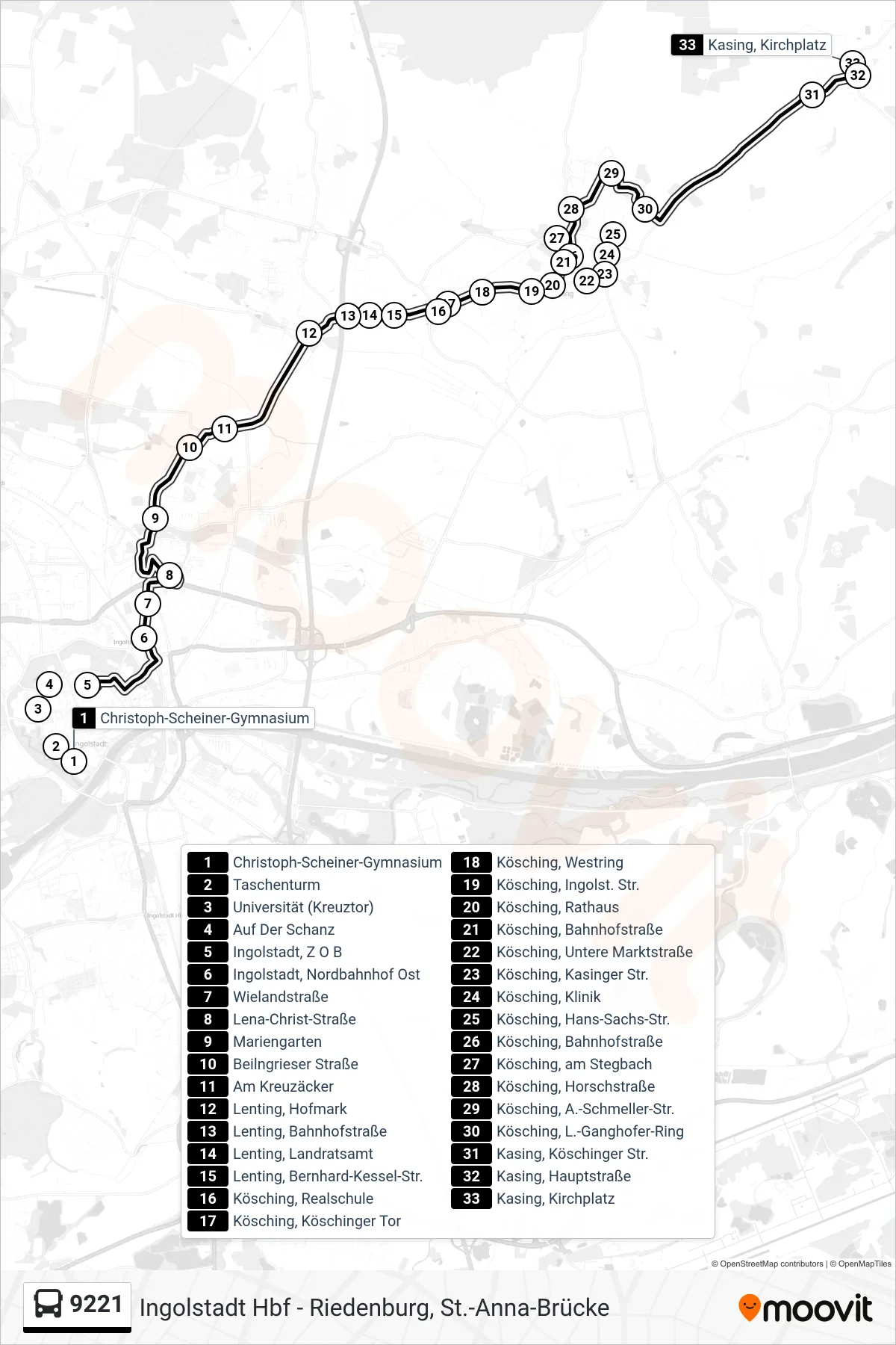 9221 bus Line (Kasing) route and stops on a map