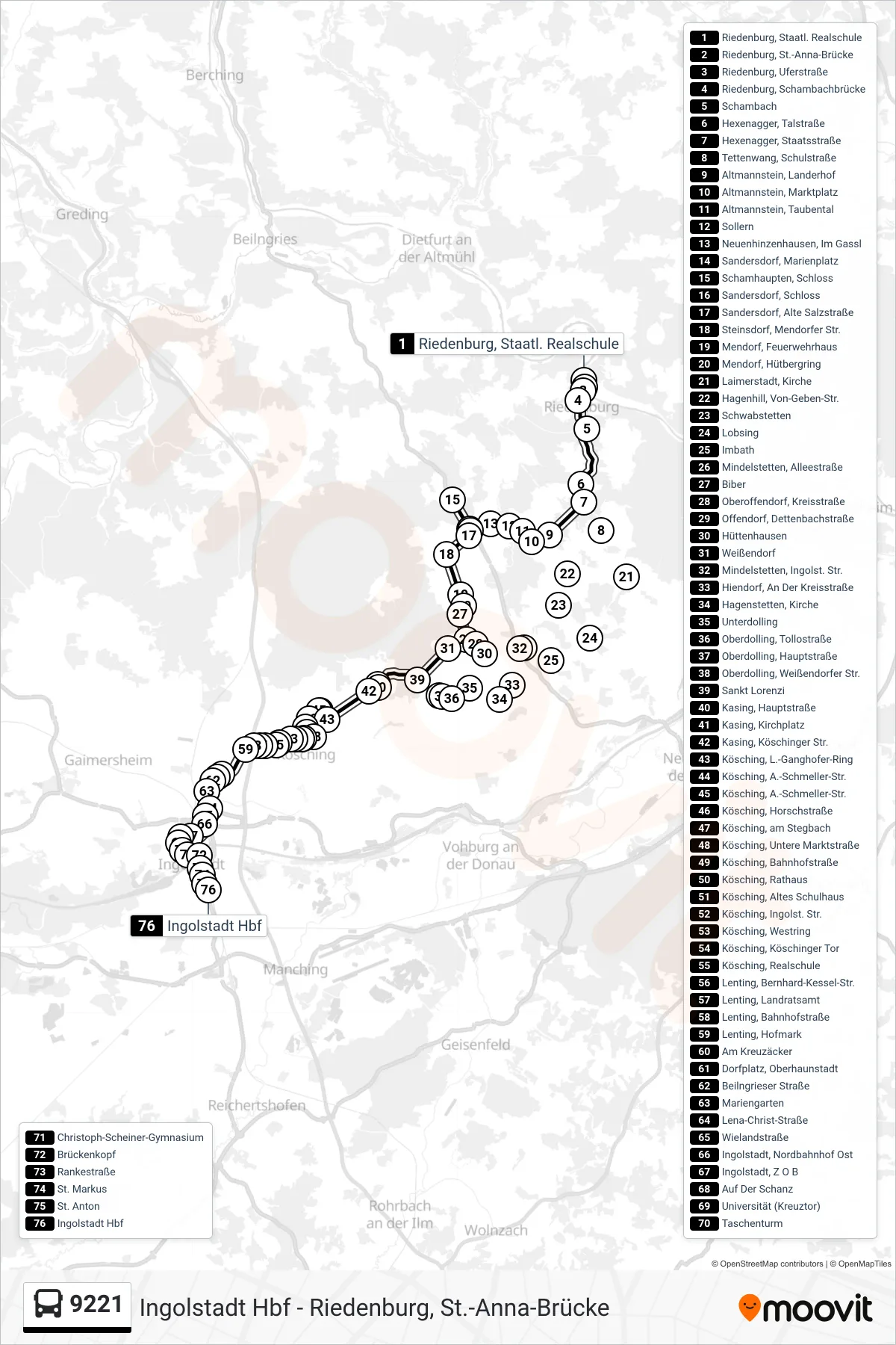9221 bus Line (Ingolstadt Z O B) route and stops on a map