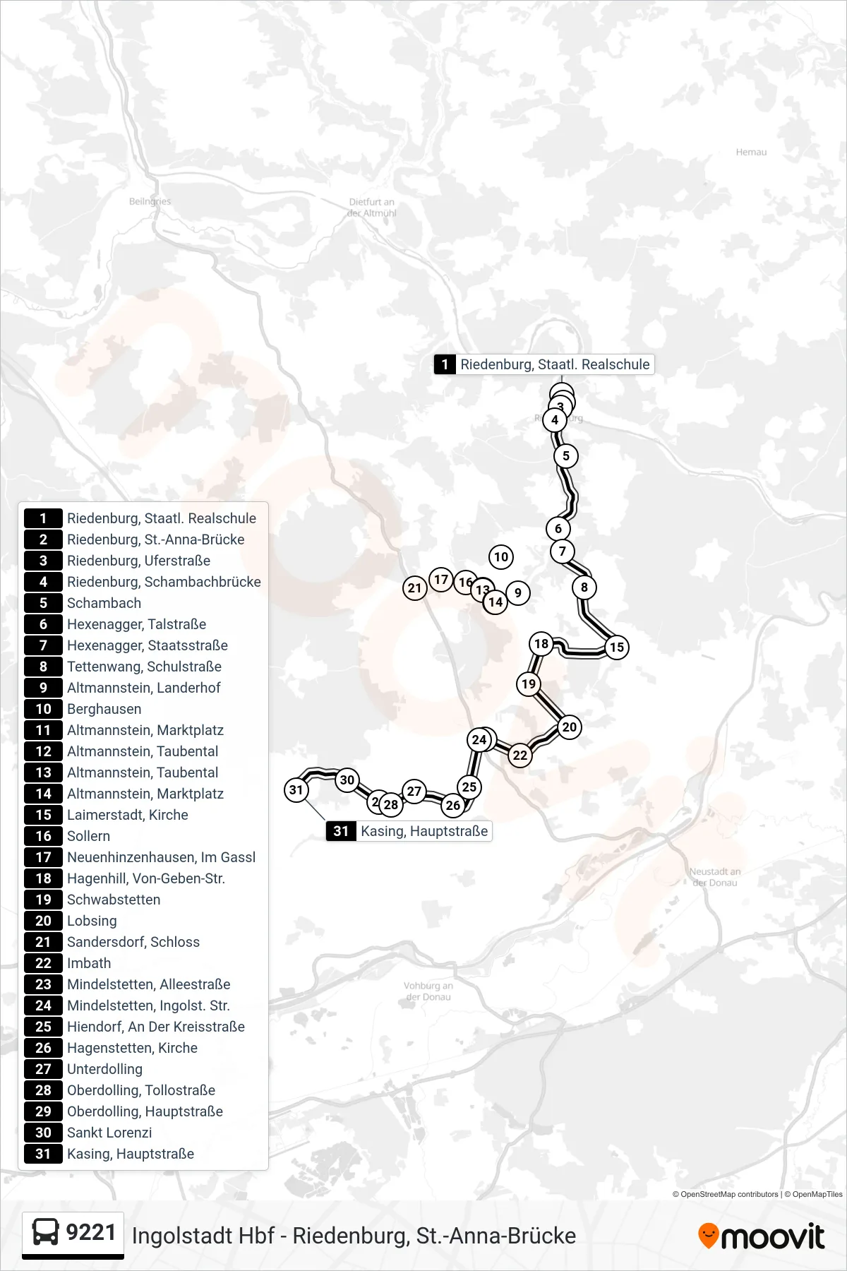 Linie 9221 (Bus) Richtung Kasing: Route und Haltestellen auf der Karte