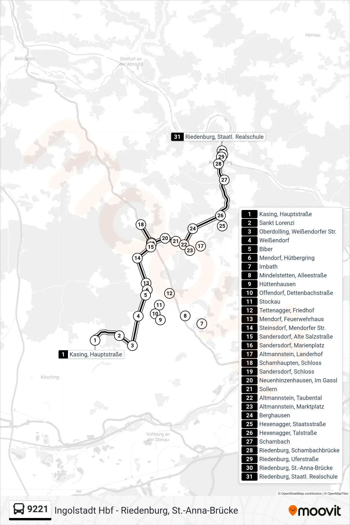Linie 9221 (Bus) Richtung Riedenburg: Route und Haltestellen auf der Karte