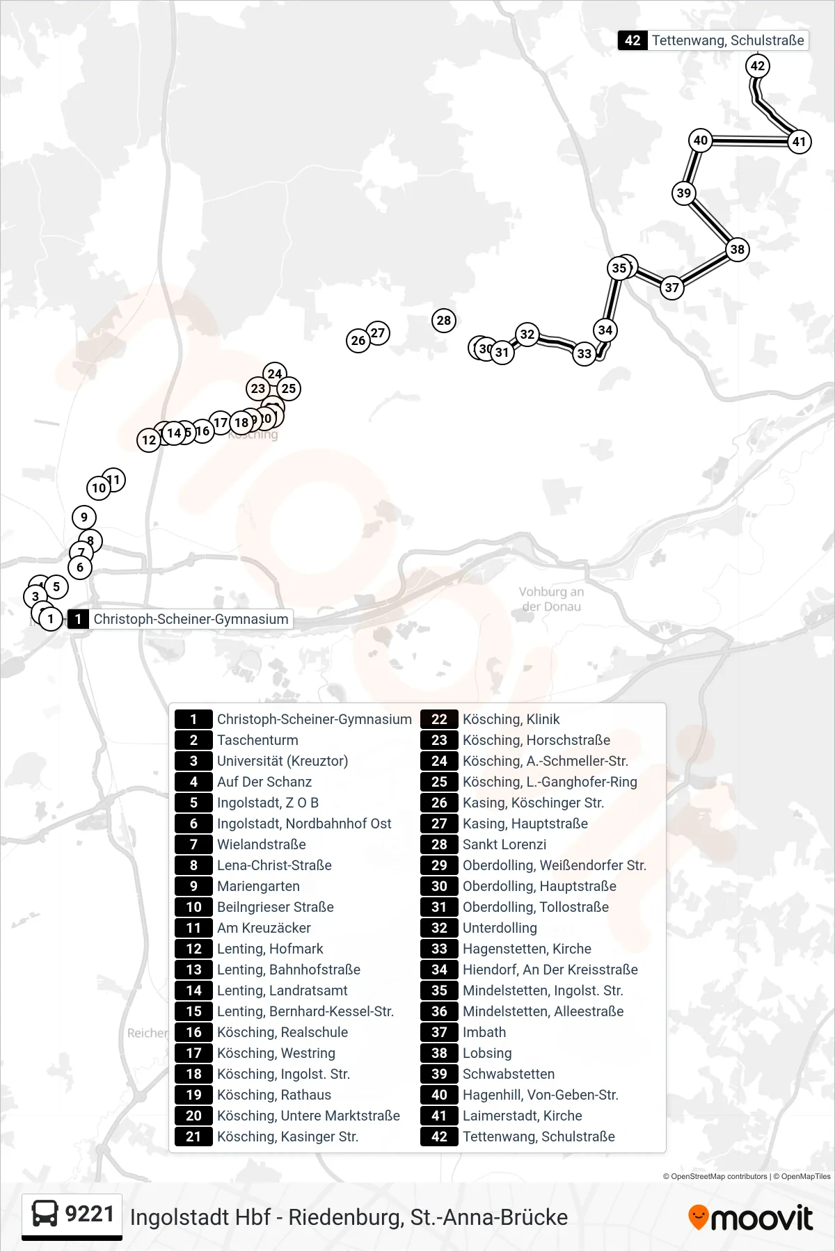 9221 bus Line (Tettenwang) route and stops on a map