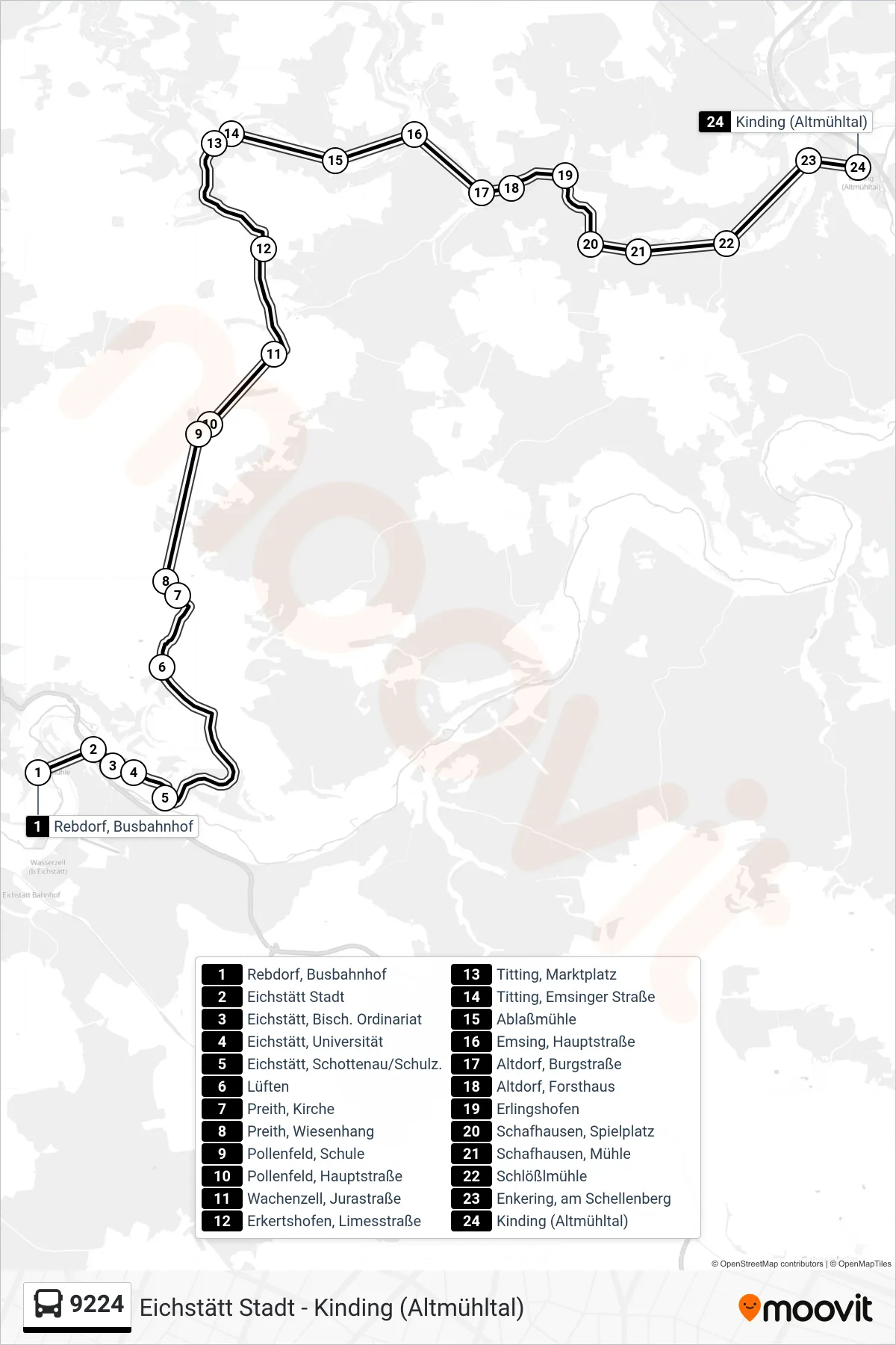9224 bus Line (Kinding) route and stops on a map