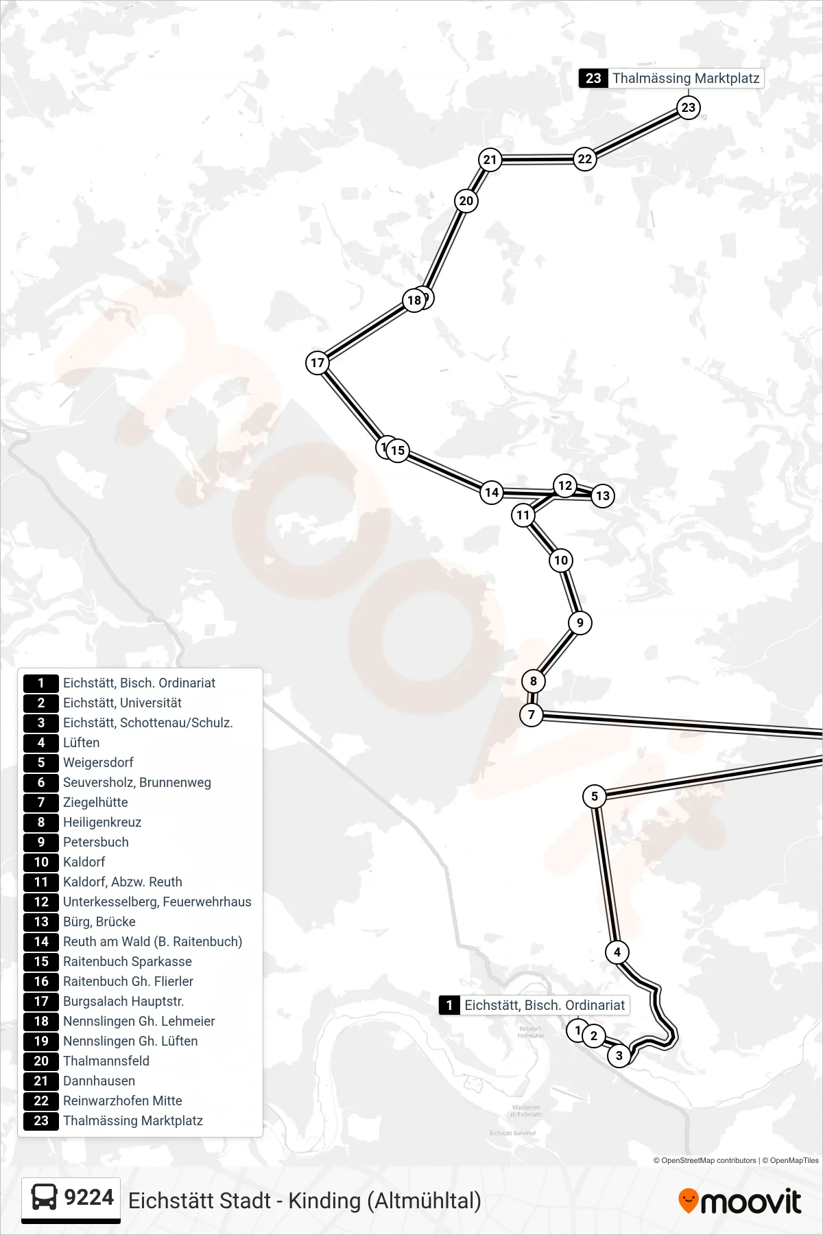 9224 bus Line (Reuth (A. Wald) Thalmässing) route and stops on a map