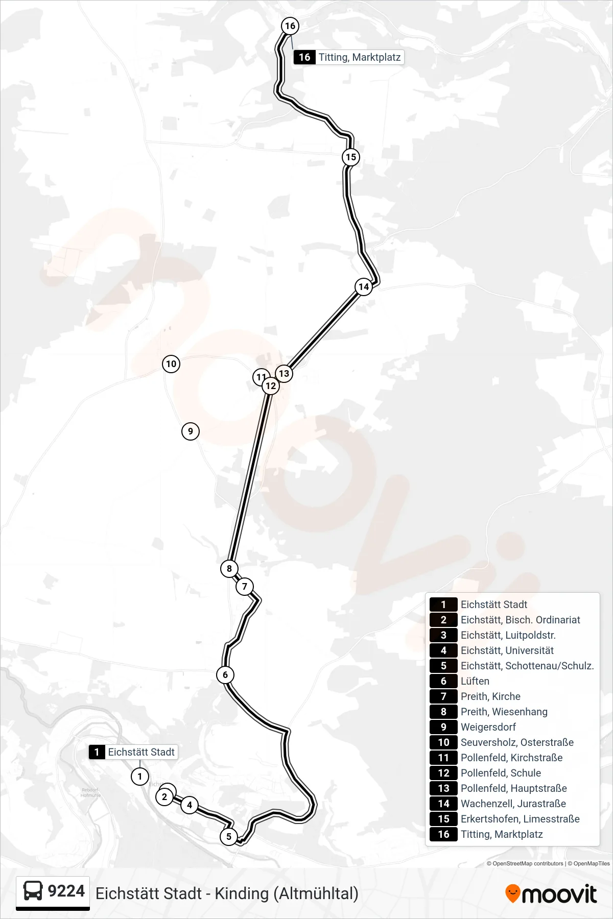 9224 bus Line (Titting) route and stops on a map