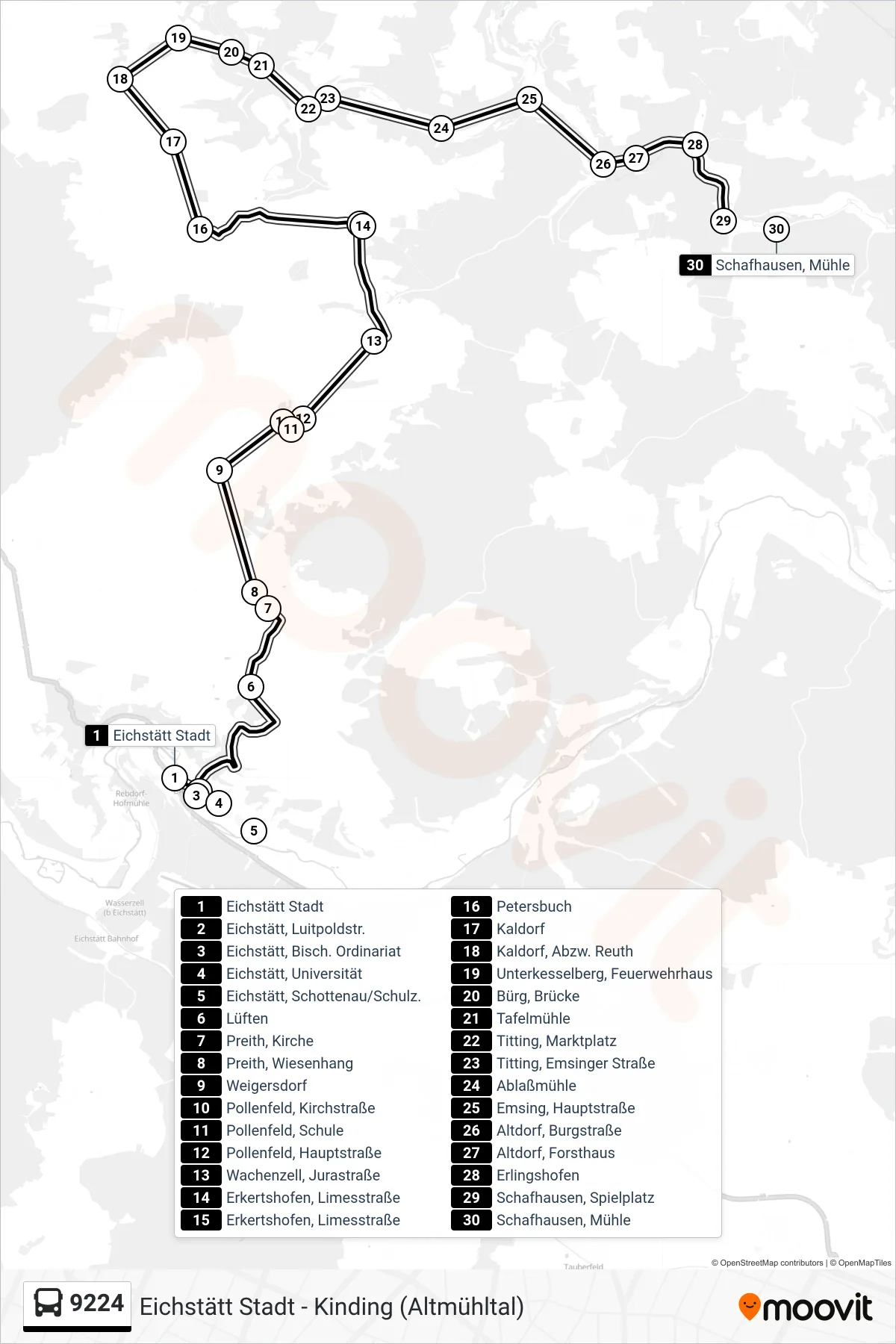 9224 bus Line (Schafhausen) route and stops on a map
