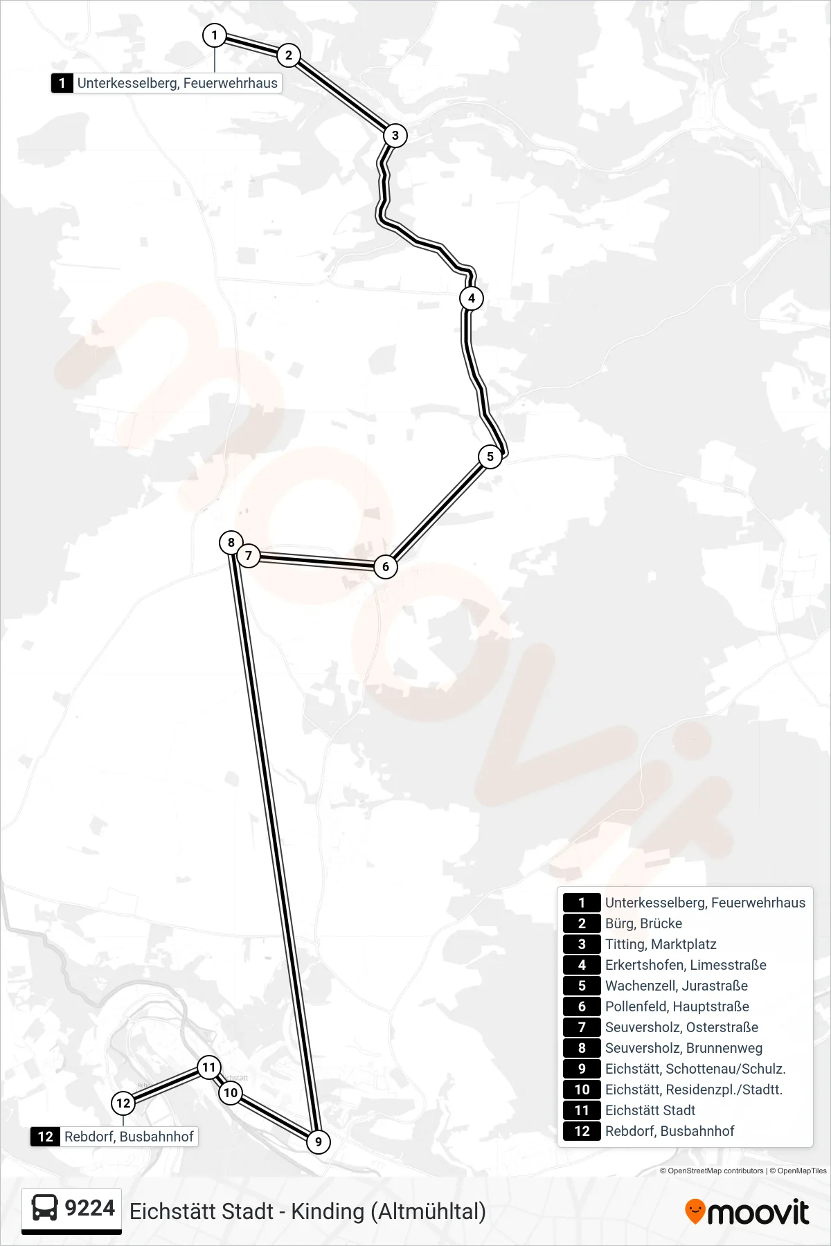 9224 bus Line (Eichstätt Stadtbf.-Rebdorf) route and stops on a map