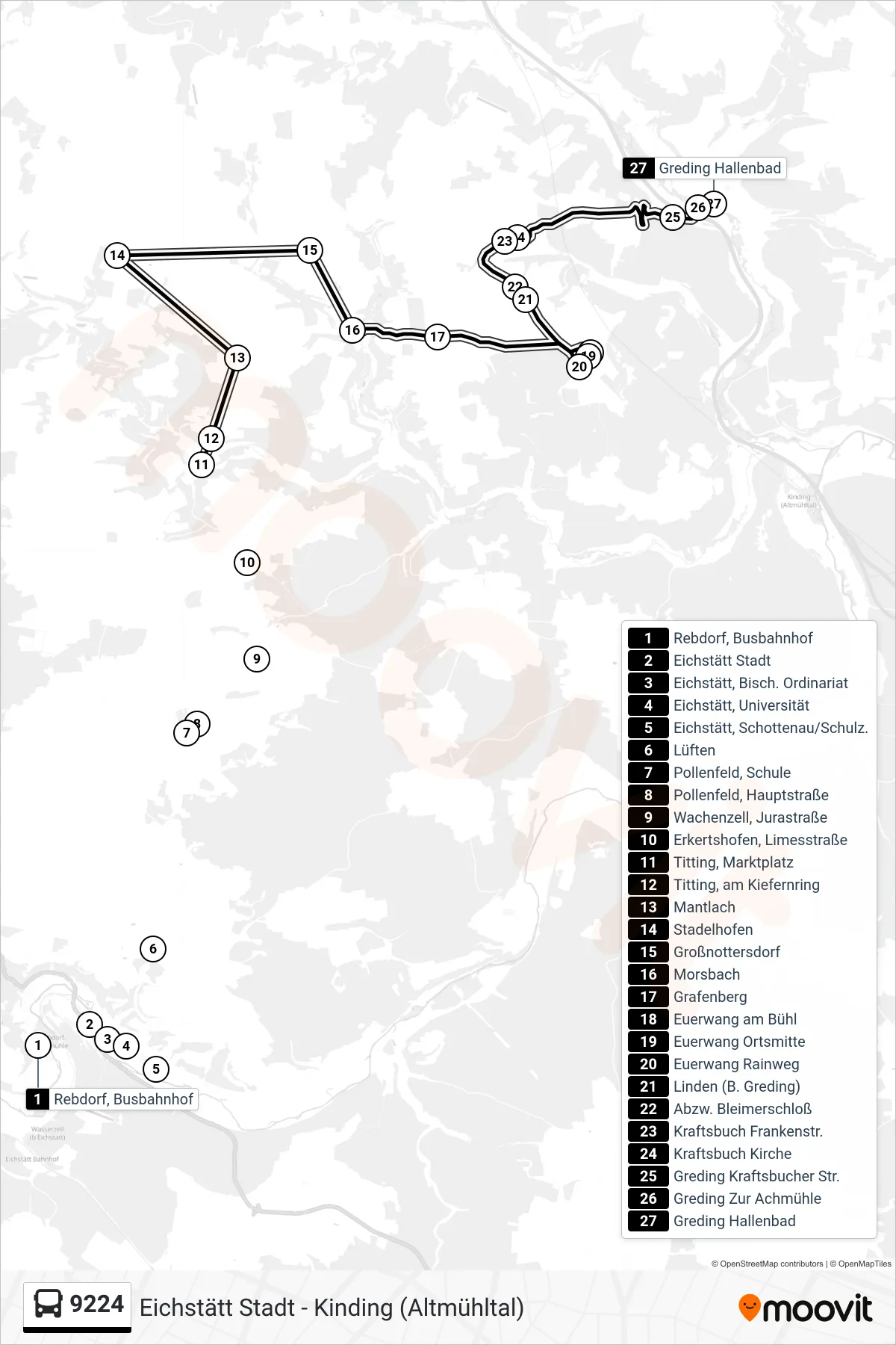 9224 bus Line (Greding) route and stops on a map