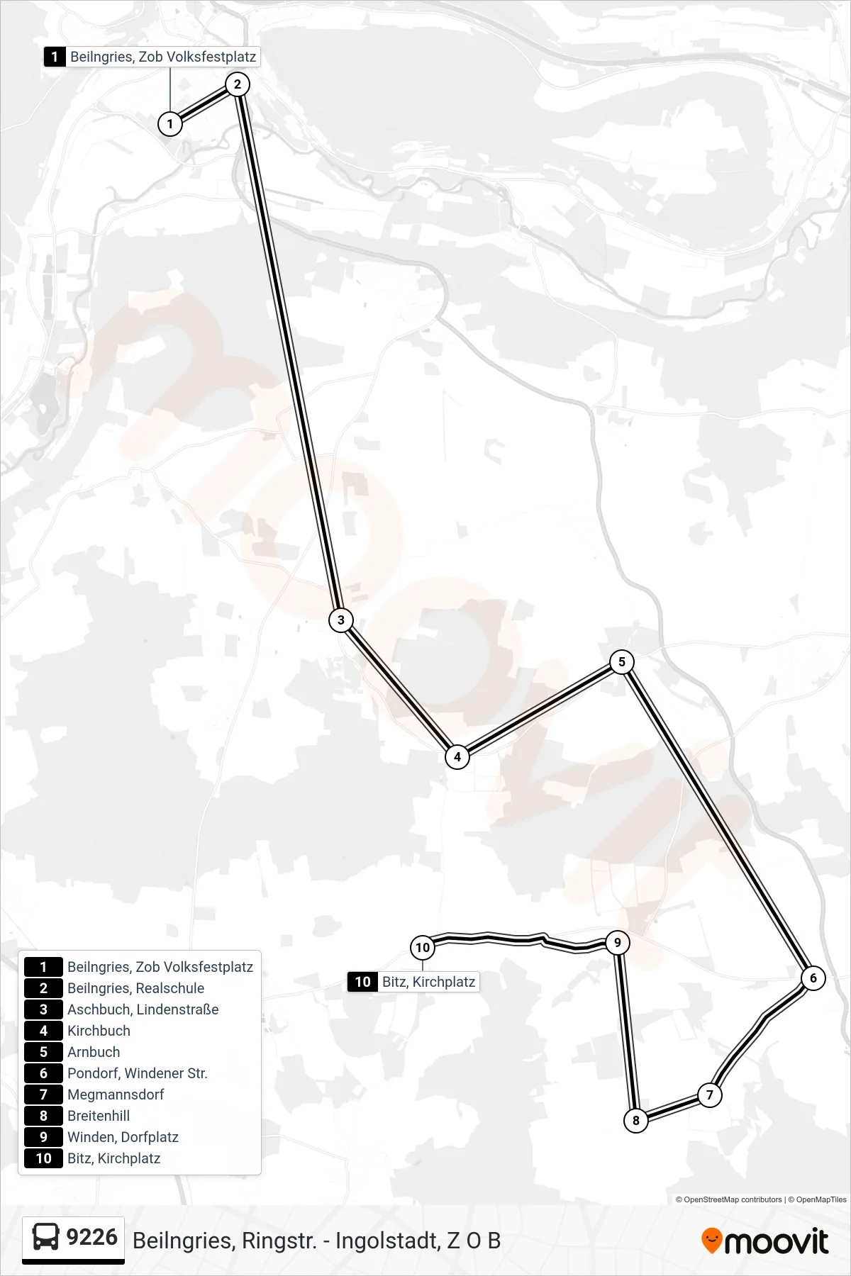 9226 bus Line (Bitz) route and stops on a map
