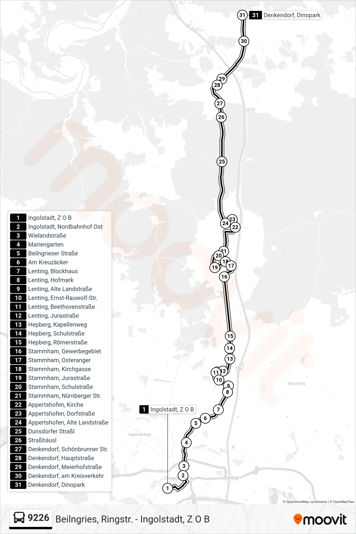 9226 bus Line (Denkendorf Dinopark) route and stops on a map