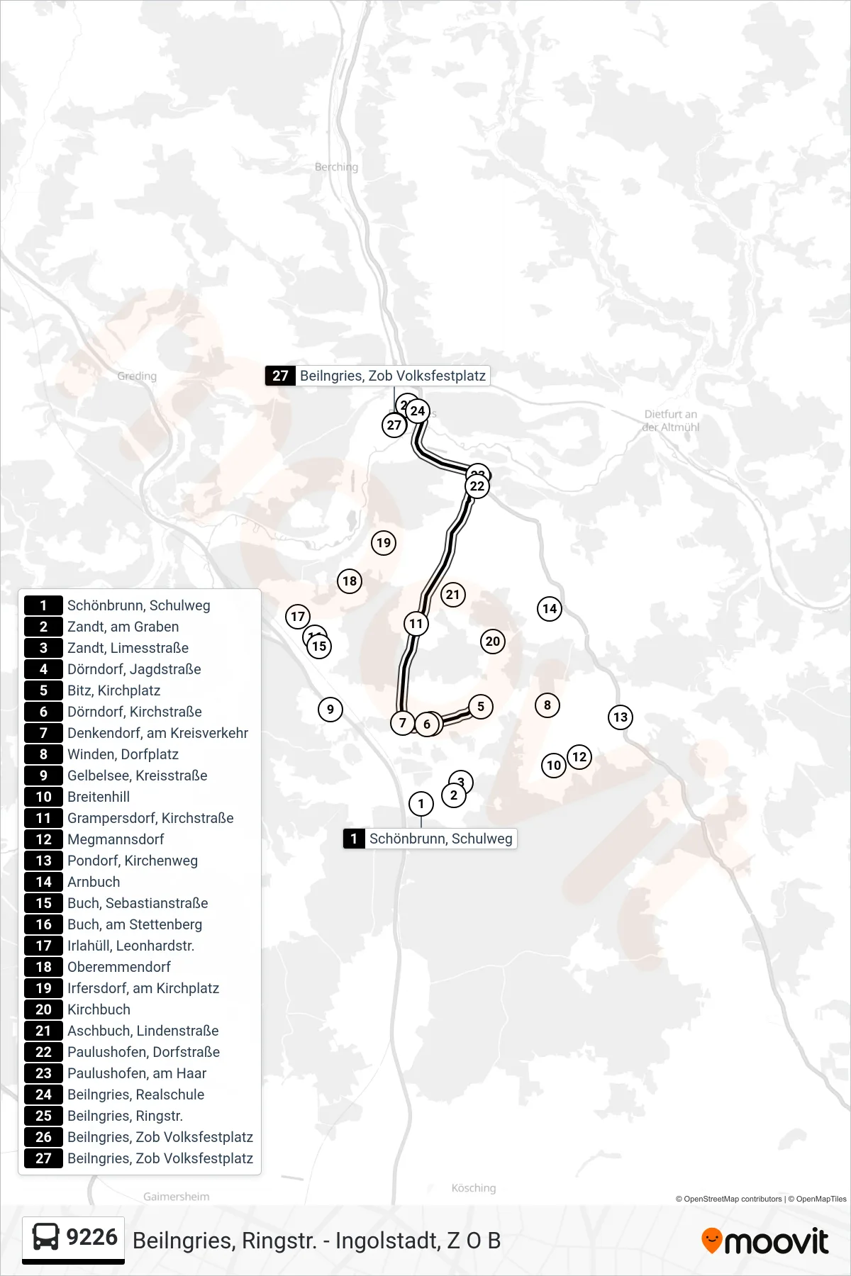 9226 bus Line (Beilngries) route and stops on a map