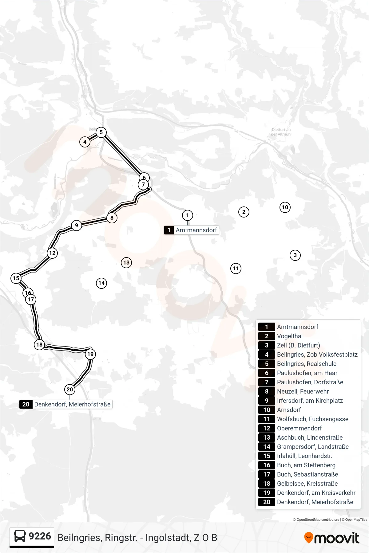 9226 bus Line (Denkendorf) route and stops on a map