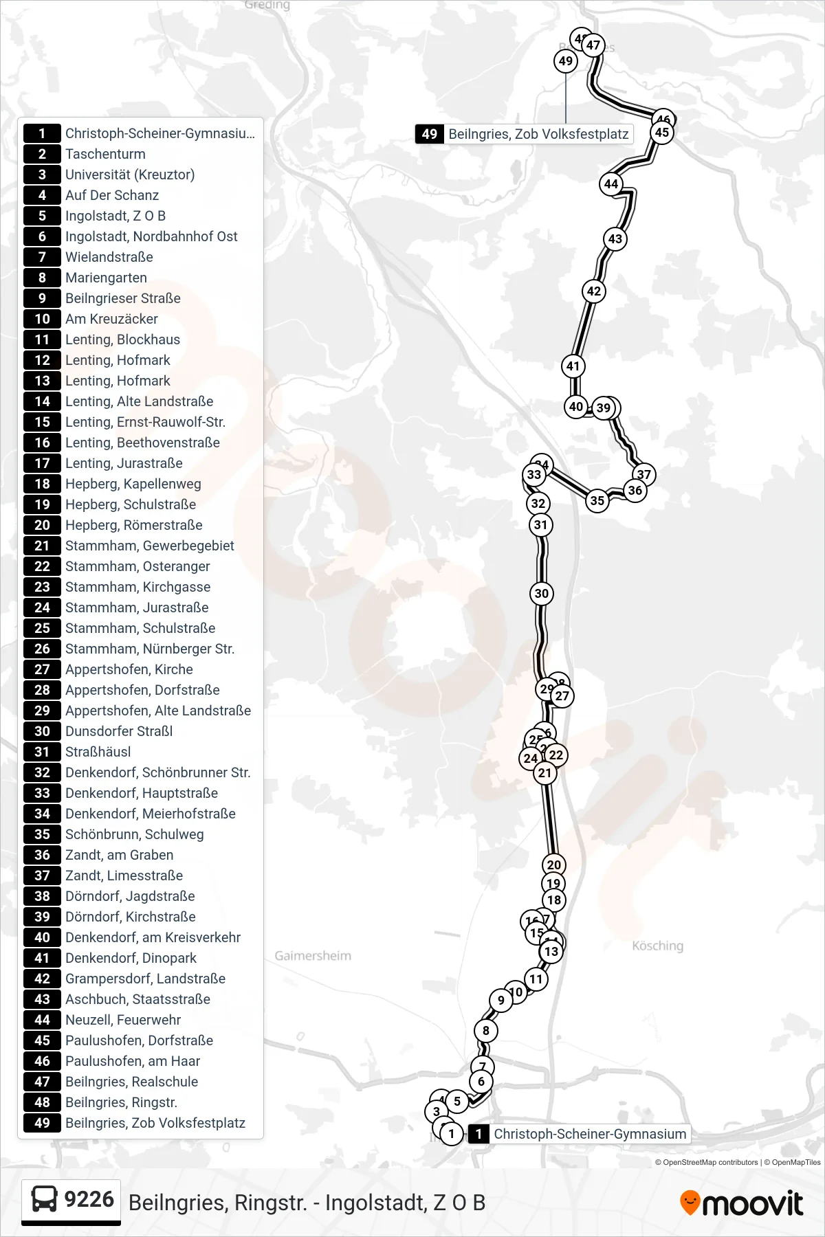 9226 bus Line (Beilngries Ü. Appertshofen) route and stops on a map