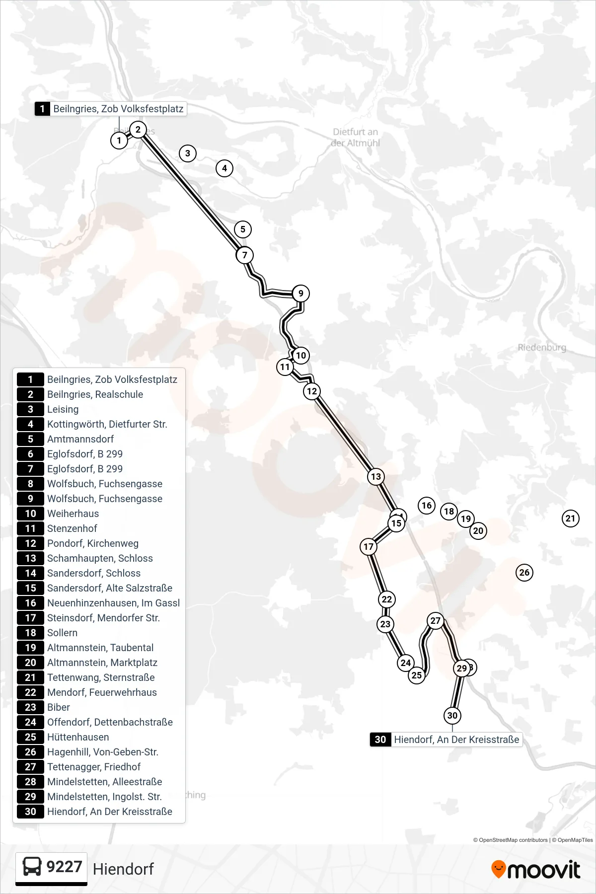 Linie 9227 (Bus) Richtung Hiendorf: Route und Haltestellen auf der Karte