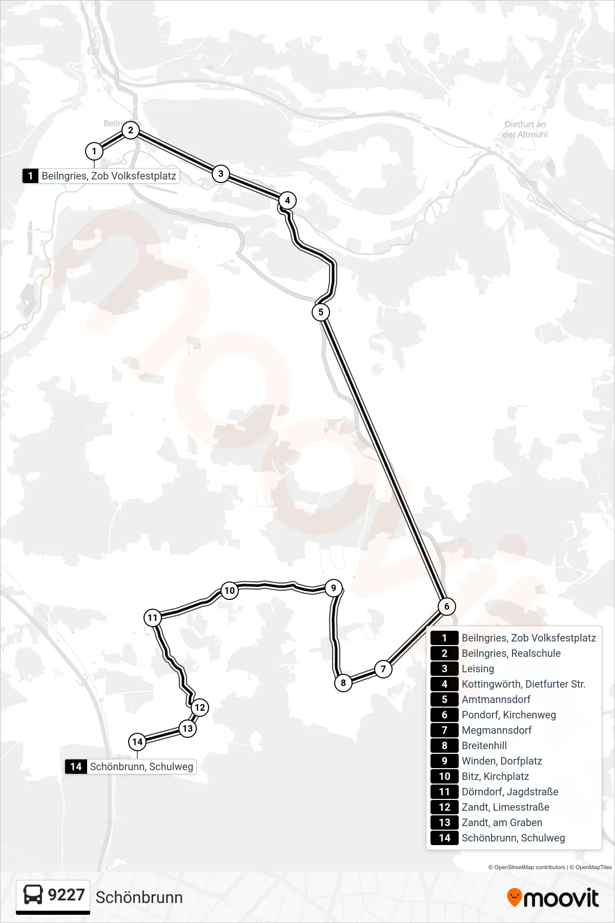 Linie 9227 (Bus) Richtung Schönbrunn: Route und Haltestellen auf der Karte