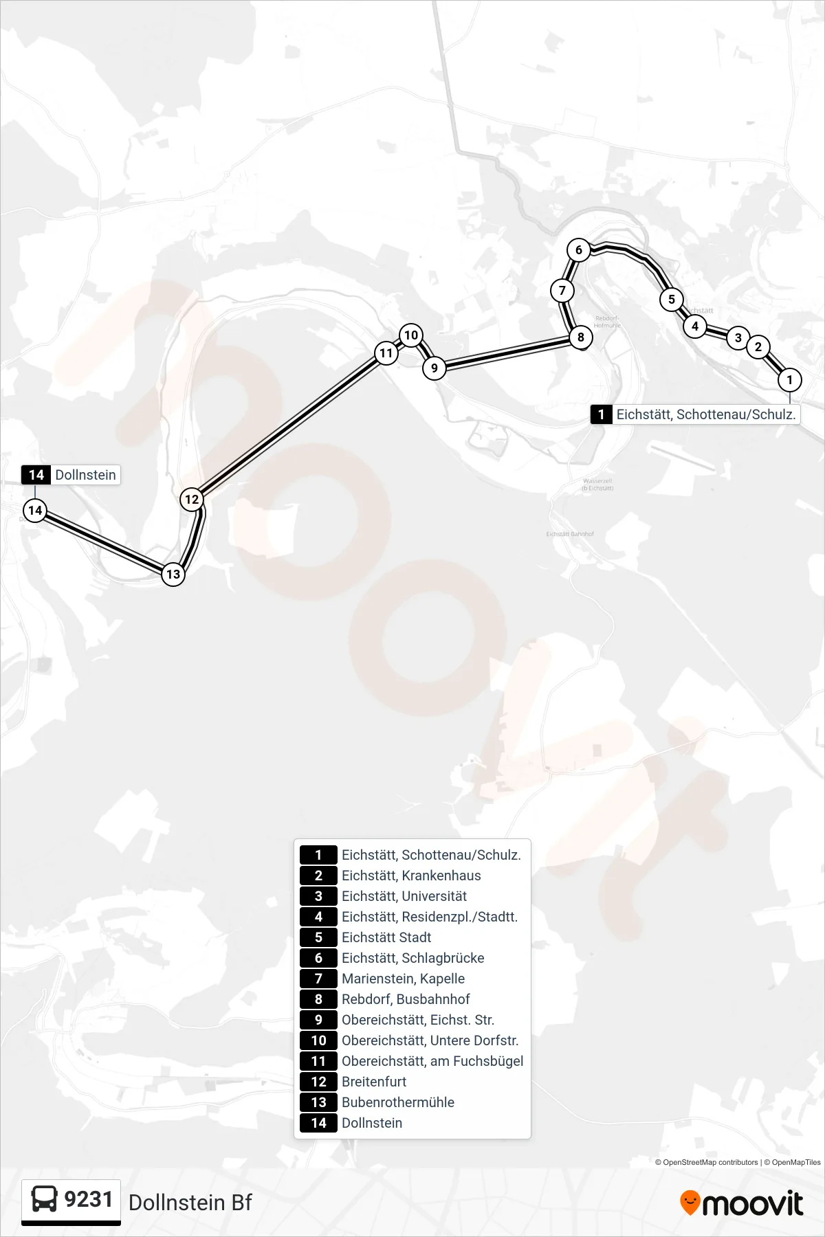 9231 bus Line (Dollnstein Bf) route and stops on a map