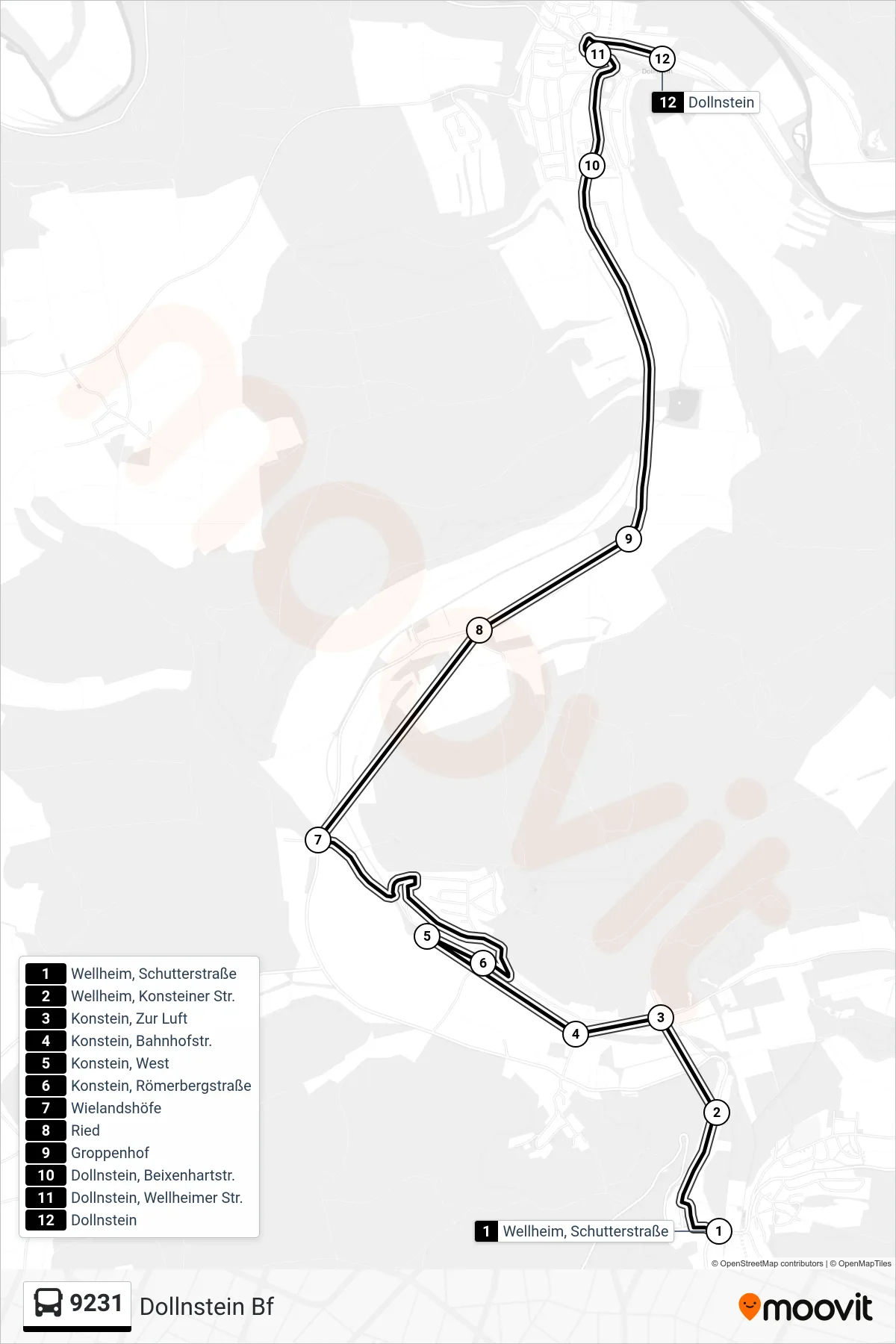 9231 bus Line (Dollnstein Bf) route and stops on a map