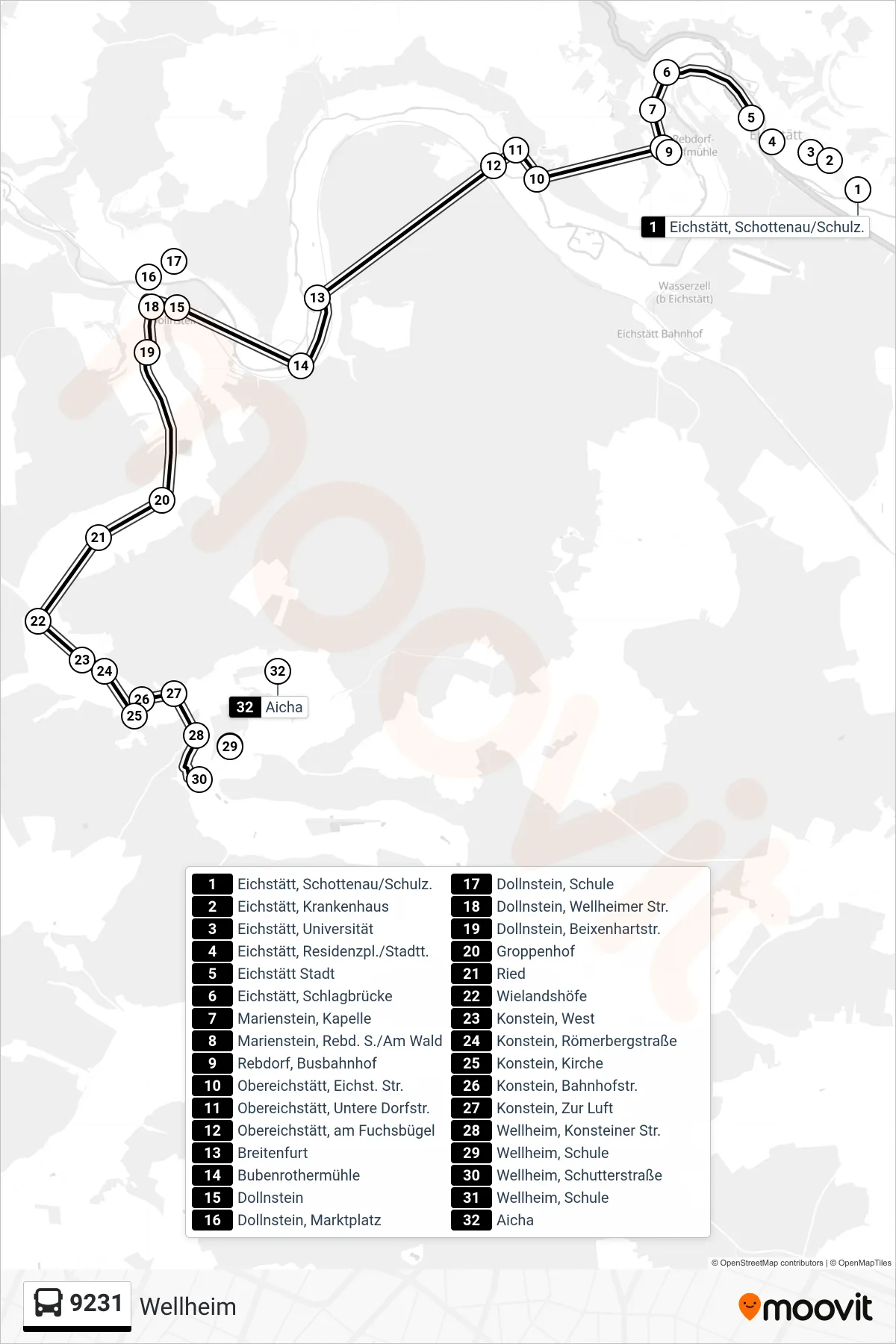 9231 bus Line (Wellheim) route and stops on a map