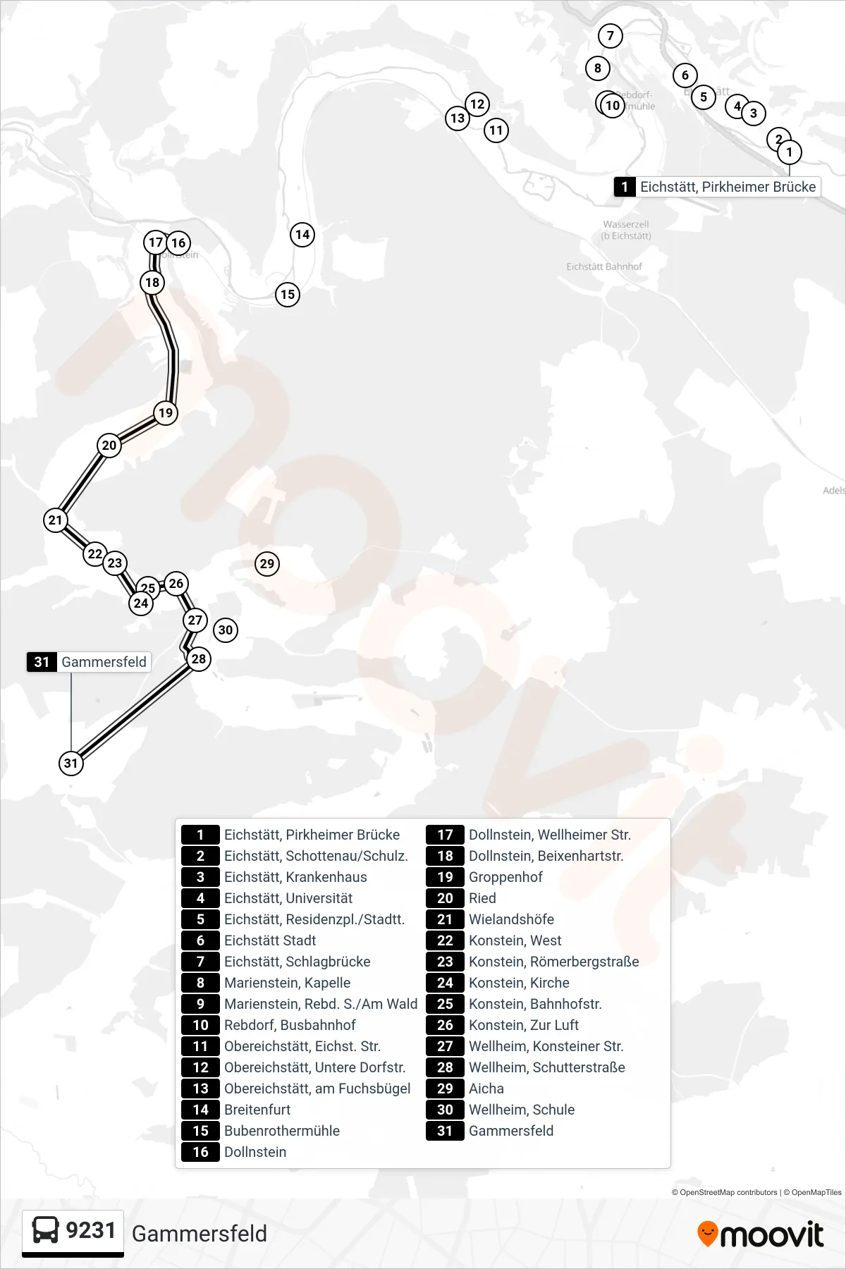 9231 bus Line (Gammersfeld) route and stops on a map