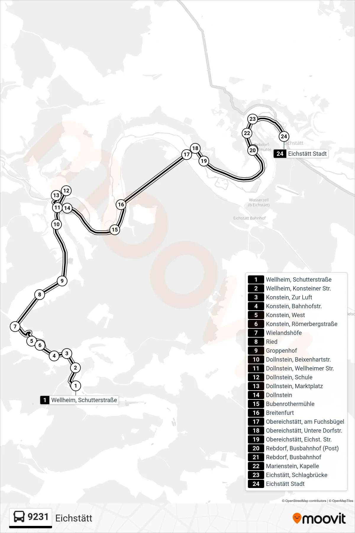 Linie 9231 (Bus) Richtung Eichstätt: Route und Haltestellen auf der Karte