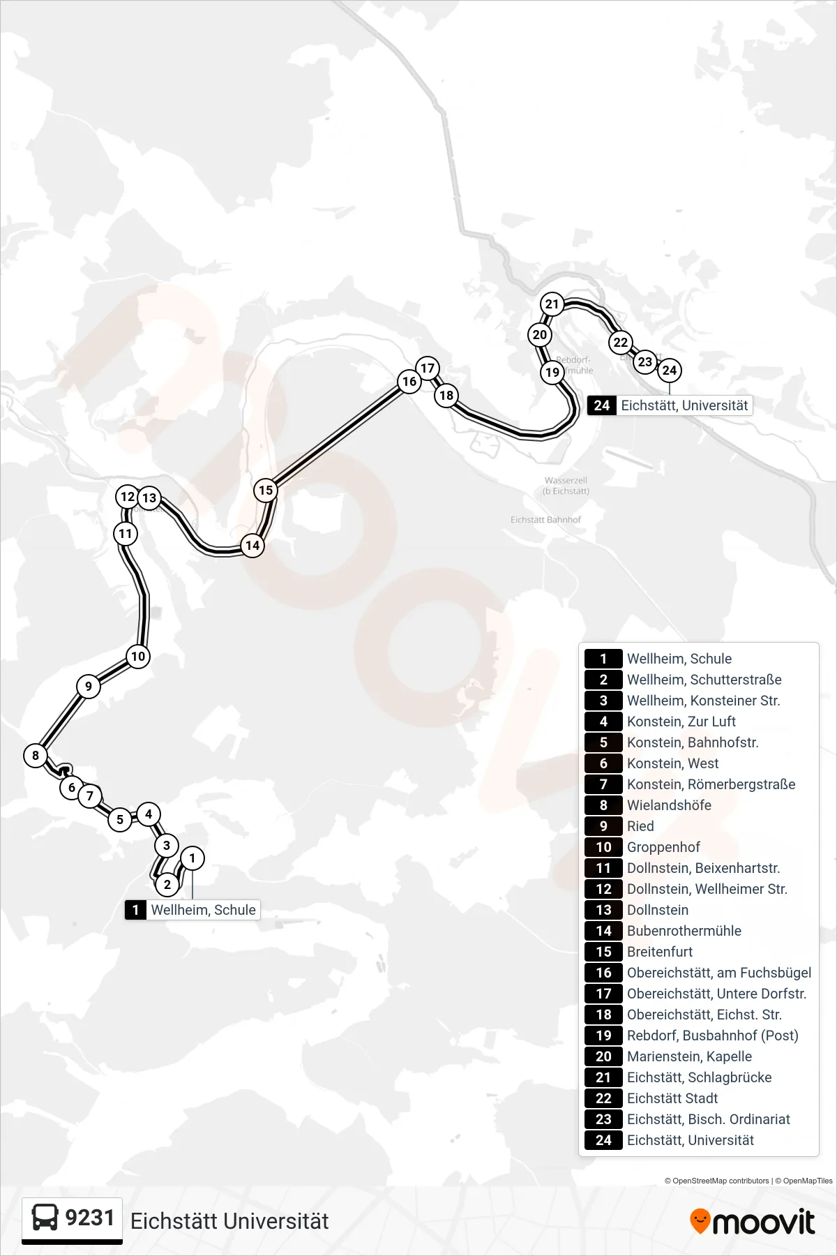 9231 bus Line (Eichstätt Universität) route and stops on a map