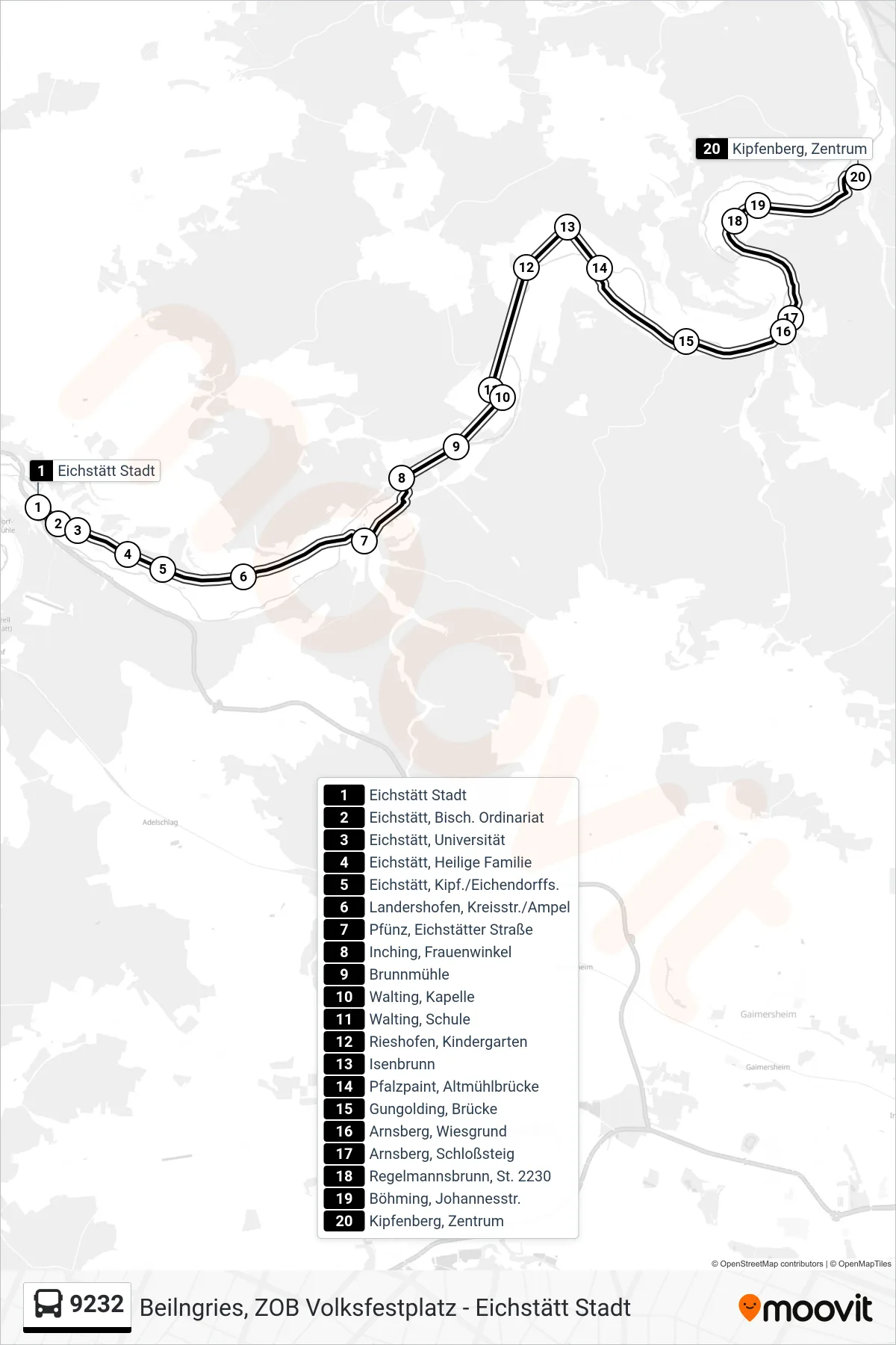 9232 bus Line (Kipfenberg) route and stops on a map