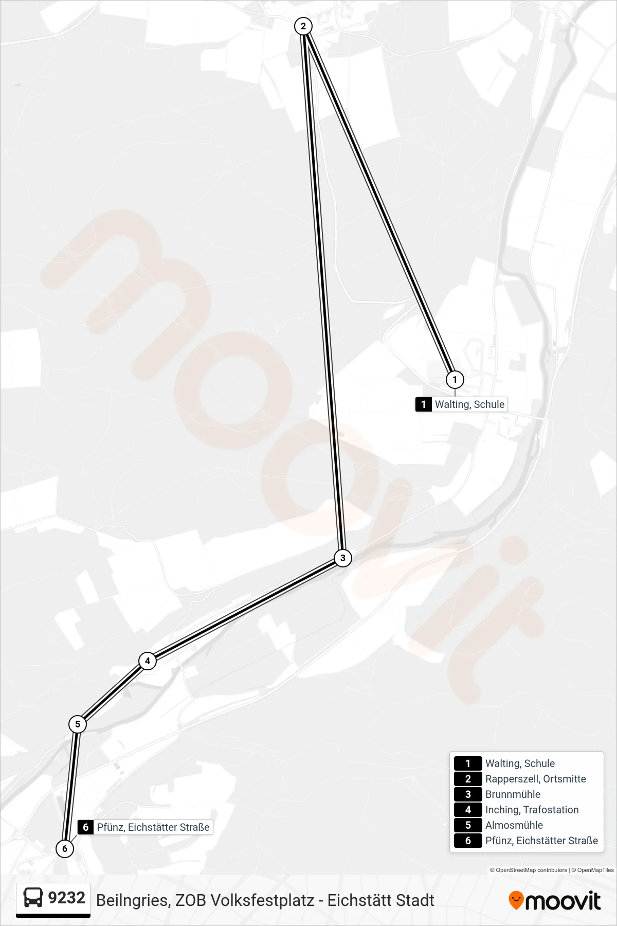9232 bus Line (Pfünz) route and stops on a map