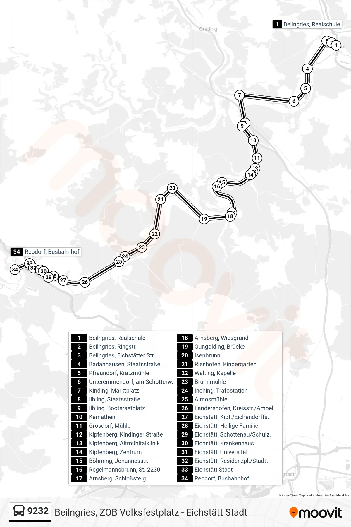 9232 bus Line (Eichstätt Rebdorf) route and stops on a map