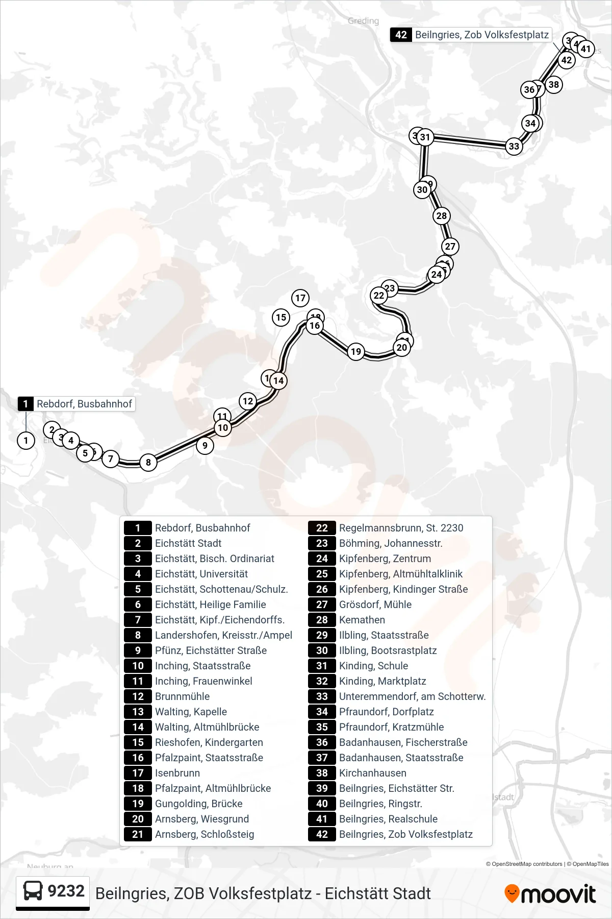 9232 bus Line (Beilngries) route and stops on a map