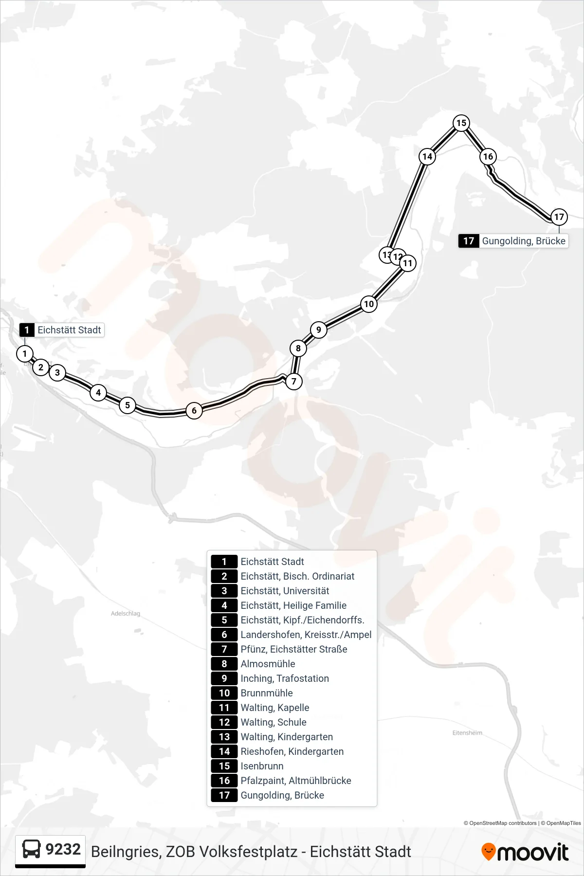 Linie 9232 (Bus) Richtung Gungolding: Route und Haltestellen auf der Karte