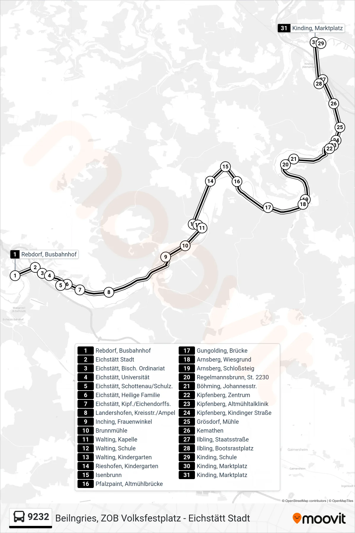 9232 bus Line (Kinding) route and stops on a map