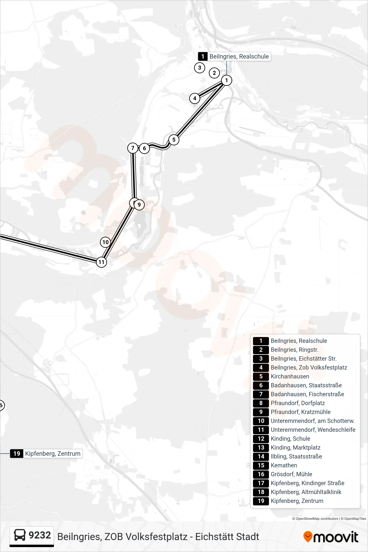 9232 bus Line (Kipfenberg) route and stops on a map