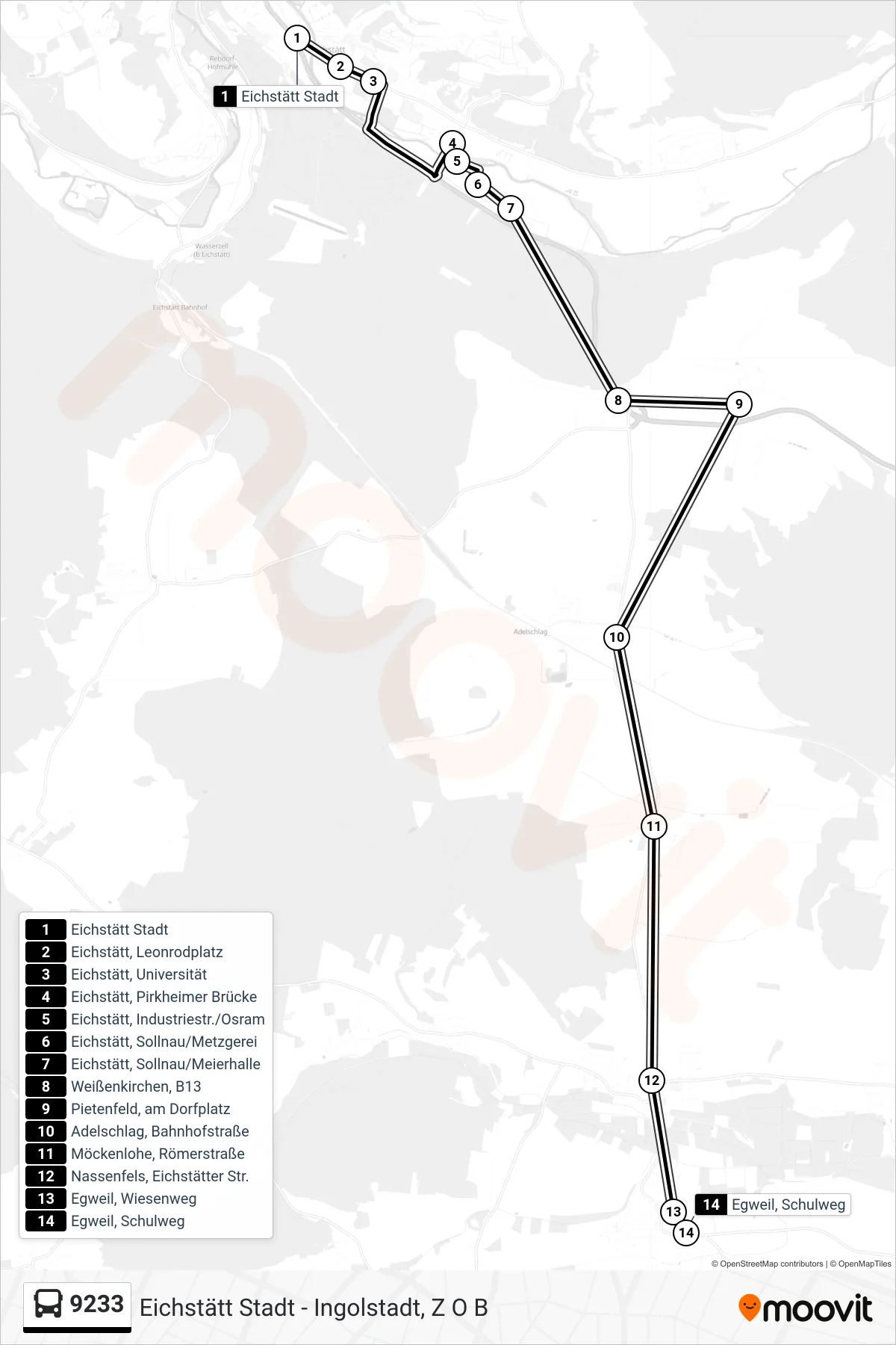 9233 bus Line (Egweil) route and stops on a map