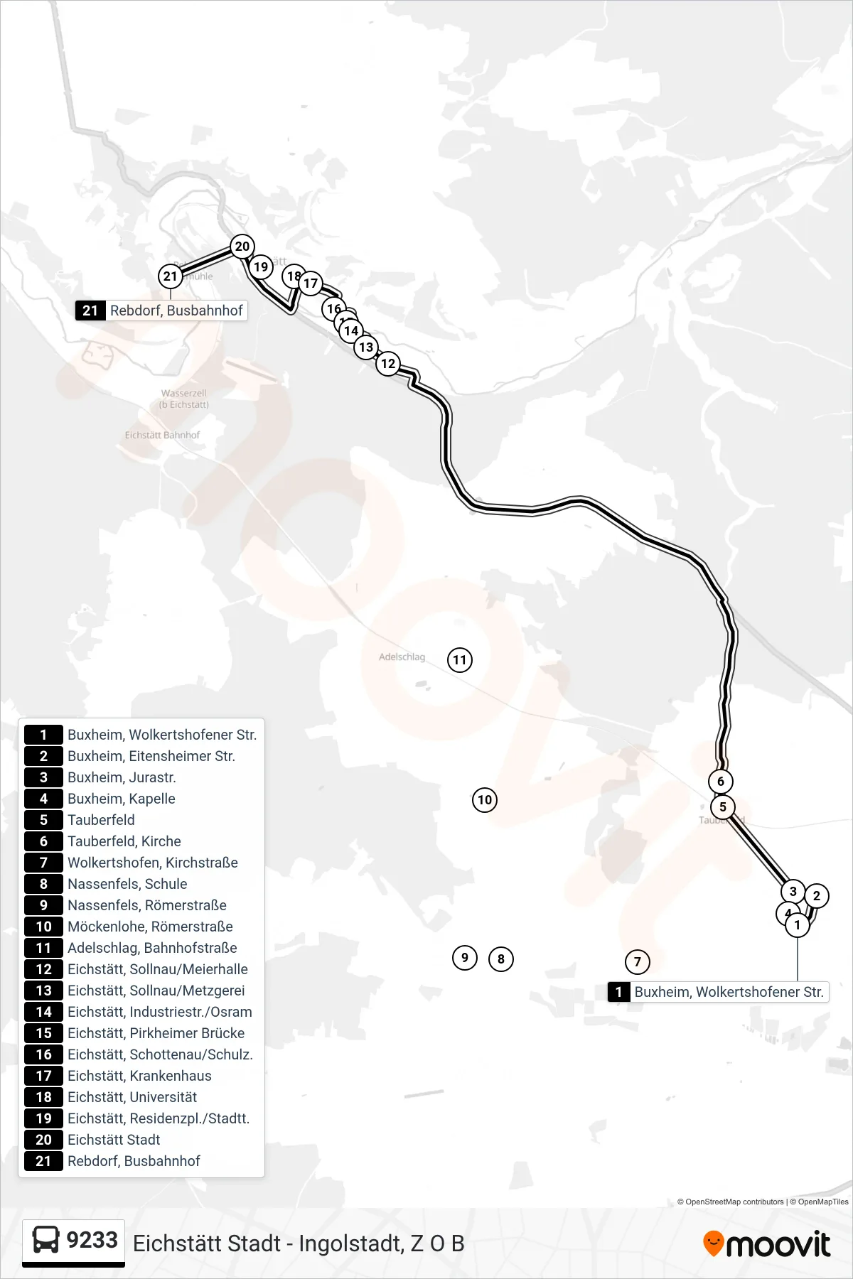 9233 bus Line (Eichstätt Rebdorf) route and stops on a map