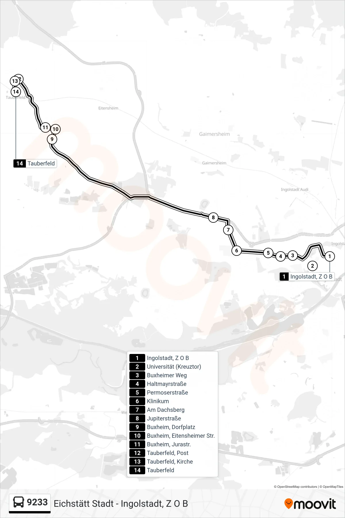 9233 bus Line (Tauberfeld) route and stops on a map