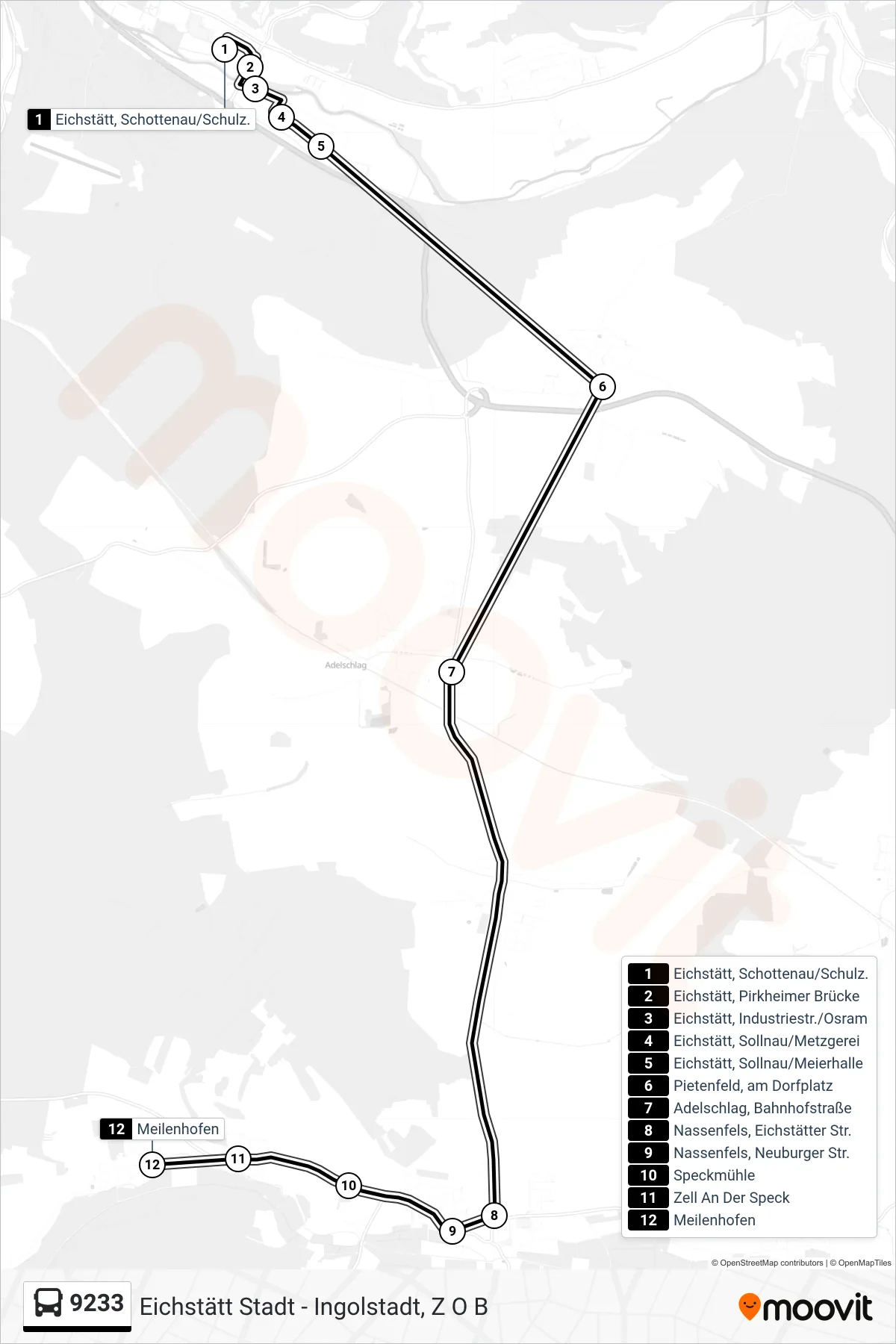 9233 bus Line (Meilenhofen) route and stops on a map