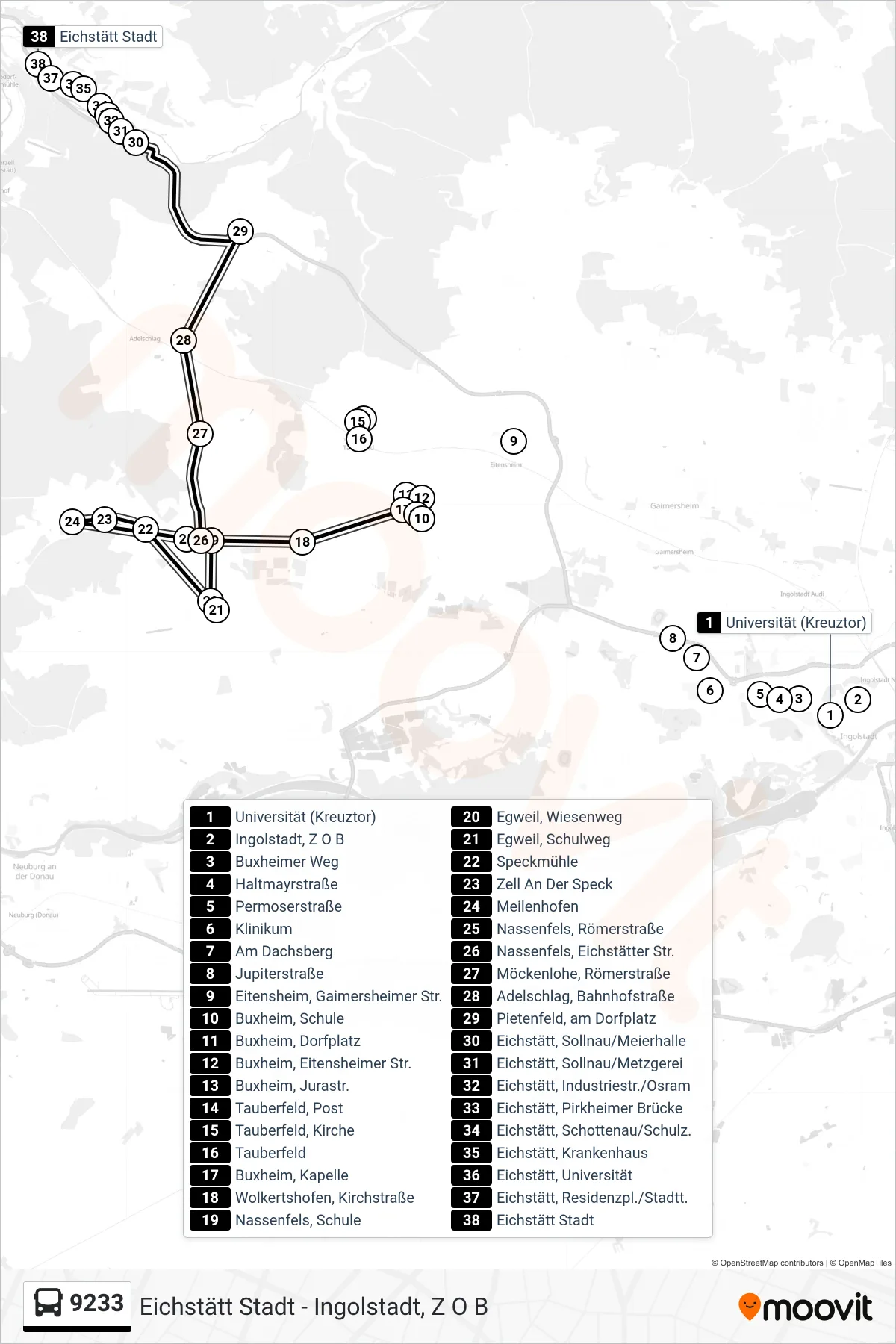 Linie 9233 (Bus) Richtung Eichstätt: Route und Haltestellen auf der Karte