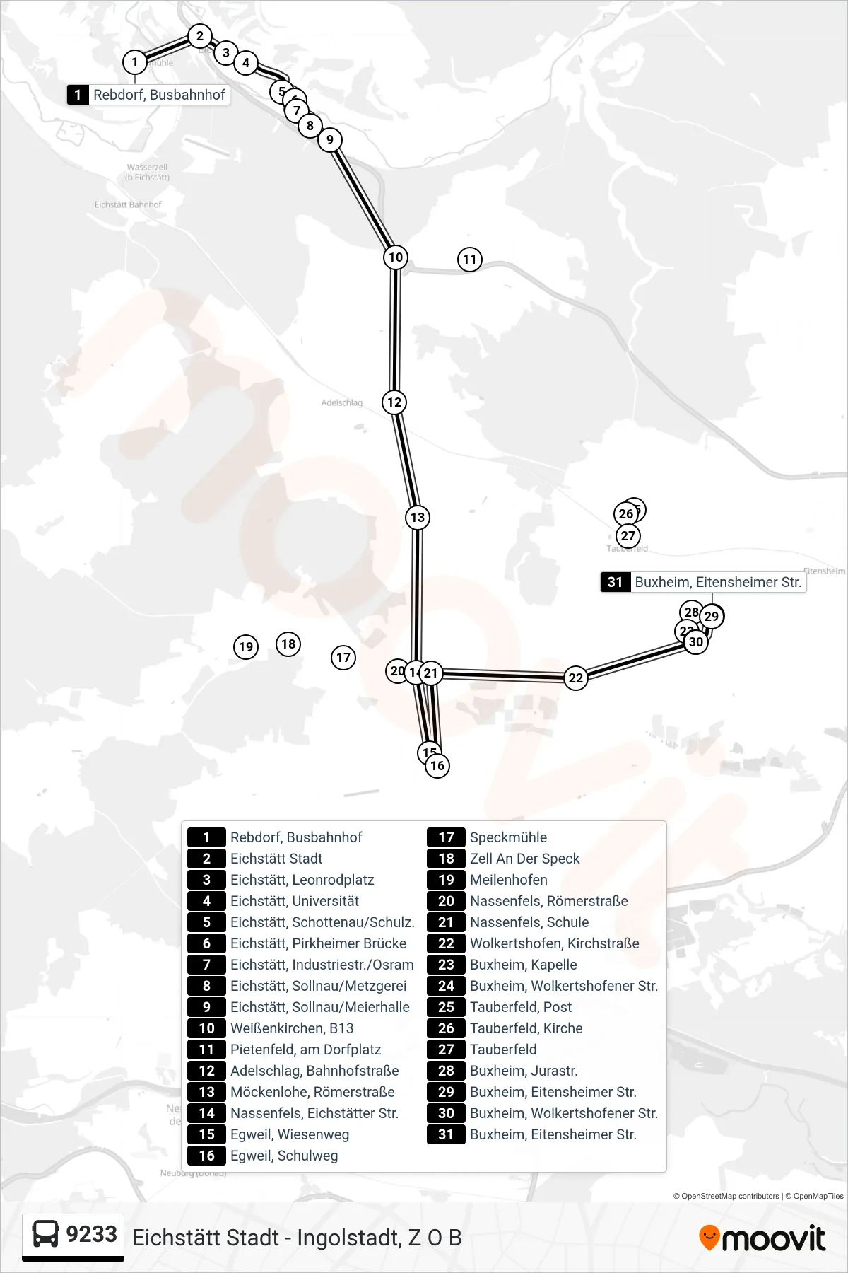 Linie 9233 (Bus) Richtung Buxheim: Route und Haltestellen auf der Karte