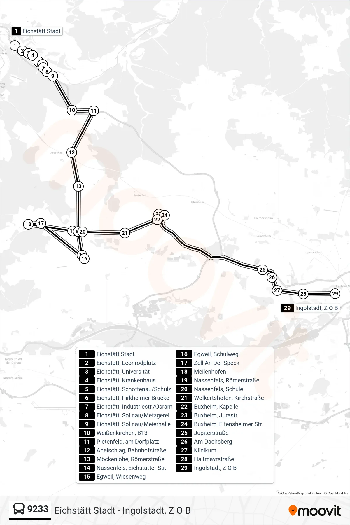 9233 bus Line (Ingolstadt Zob Über Egweil) route and stops on a map