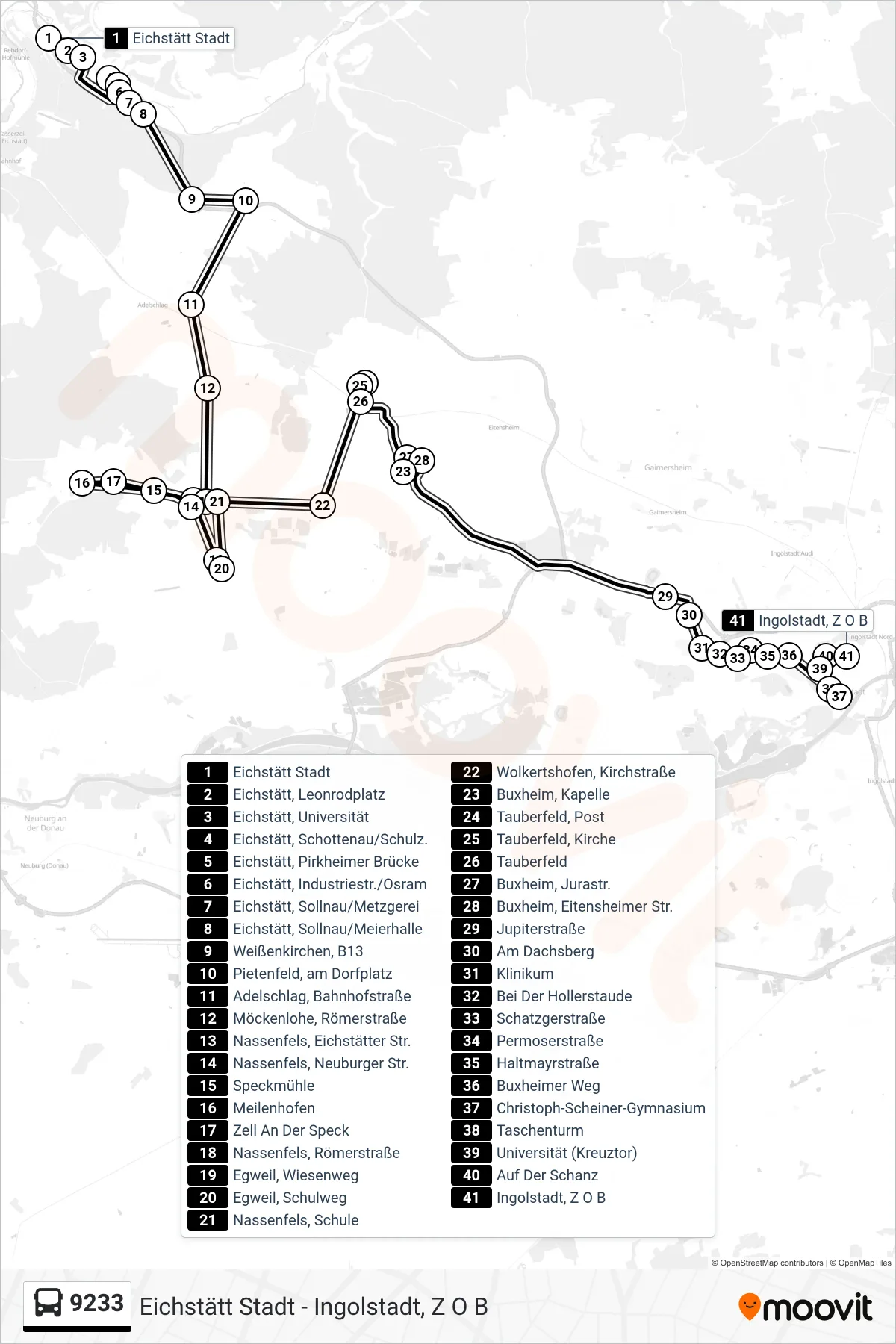 9233 bus Line (Ingolstadt Z O B) route and stops on a map