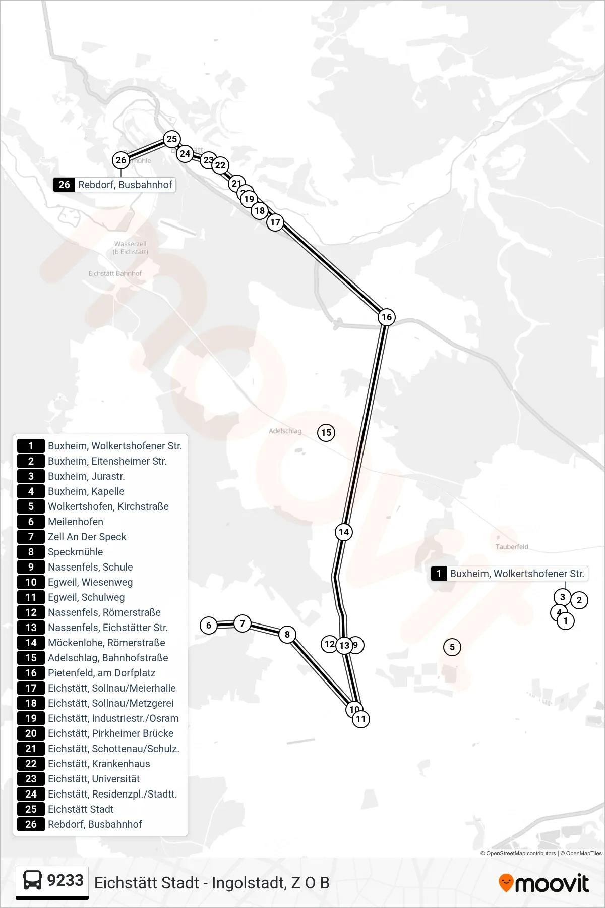 9233 bus Line (Eichstätt Stadtbahnhof) route and stops on a map