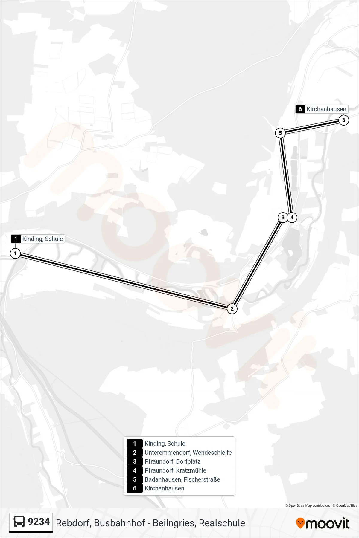 9234 bus Line (Kirchanhausen) route and stops on a map