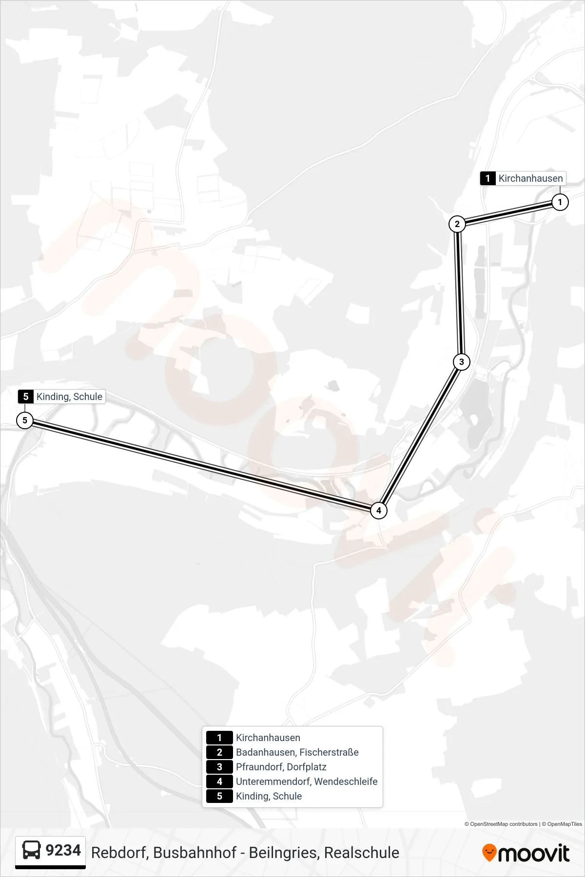 9234 bus Line (Kinding) route and stops on a map
