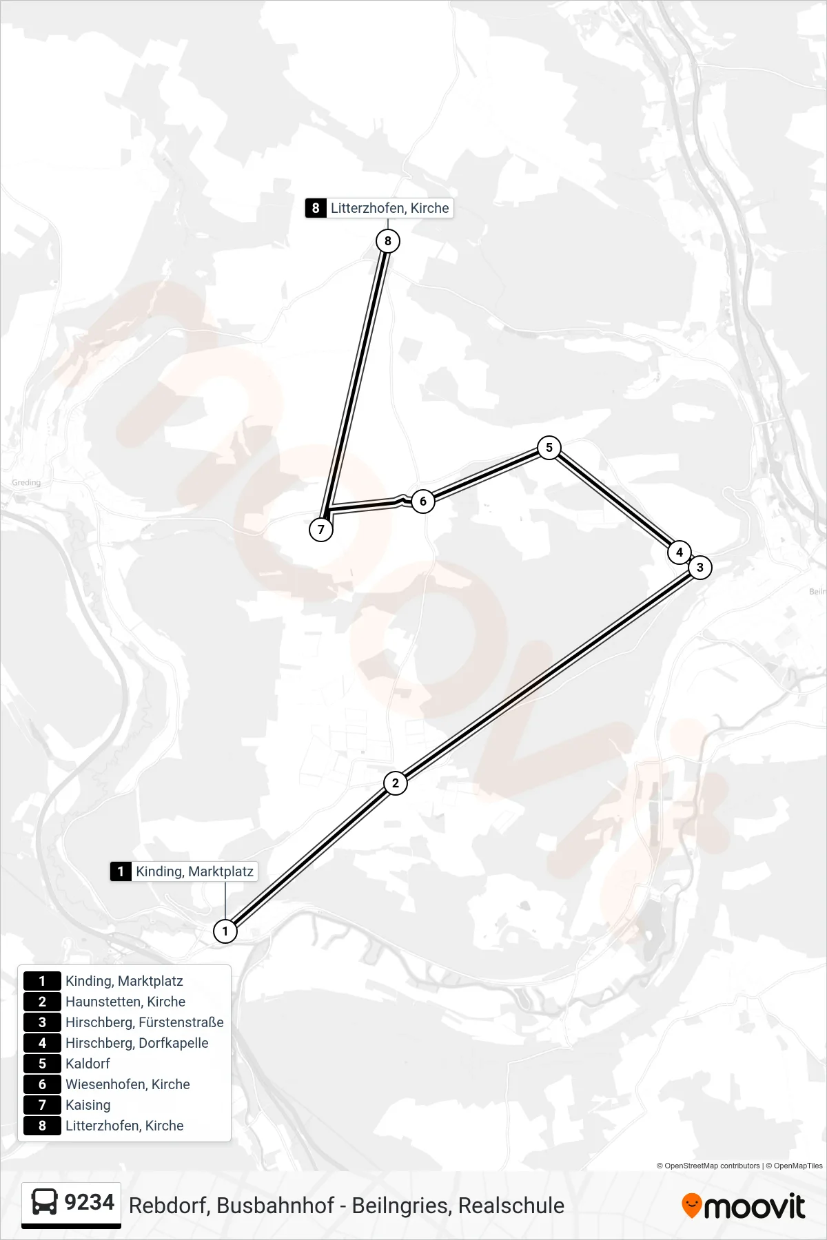 9234 bus Line (Litterzhofen) route and stops on a map