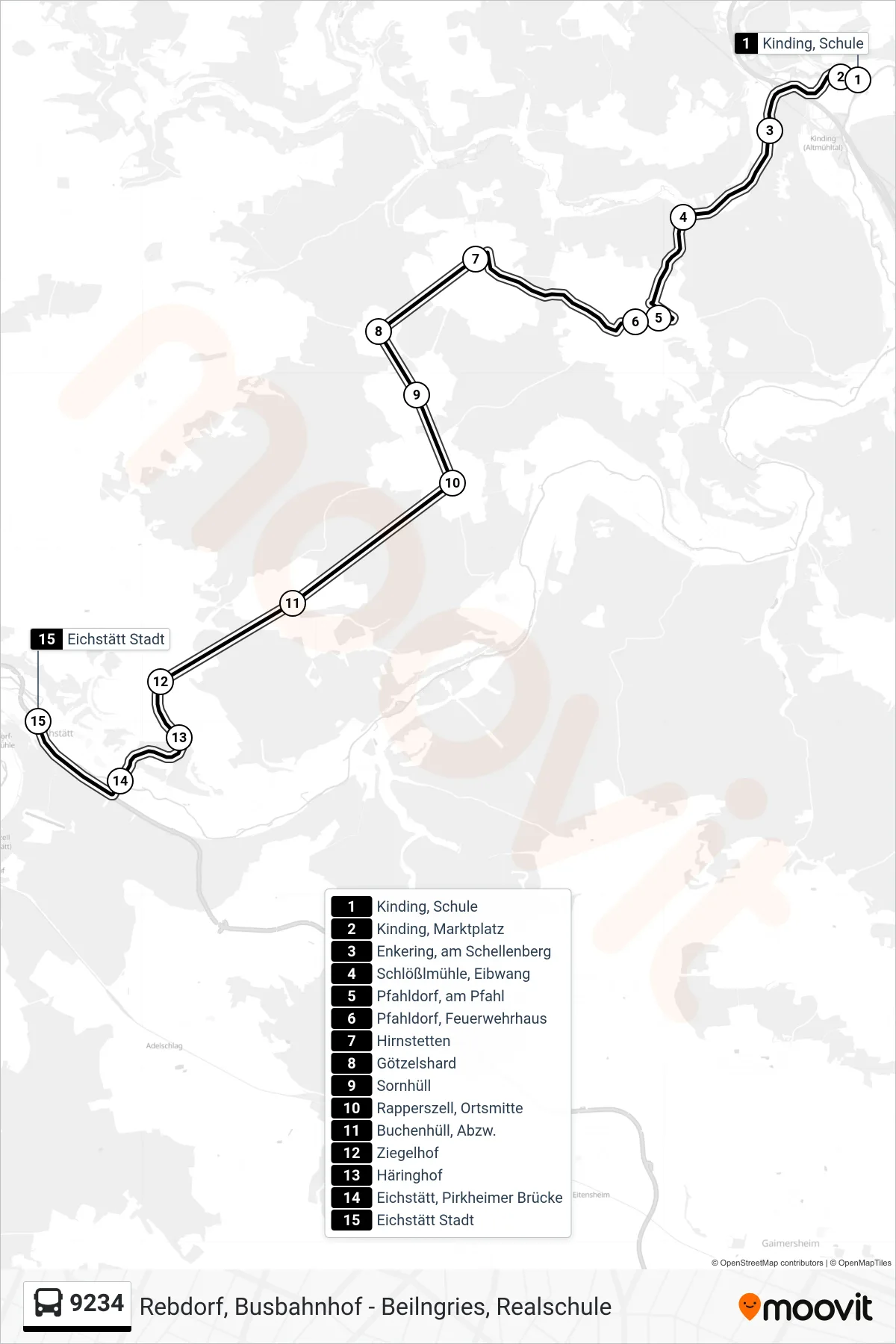 Linie 9234 (Bus) Richtung Eichstätt: Route und Haltestellen auf der Karte